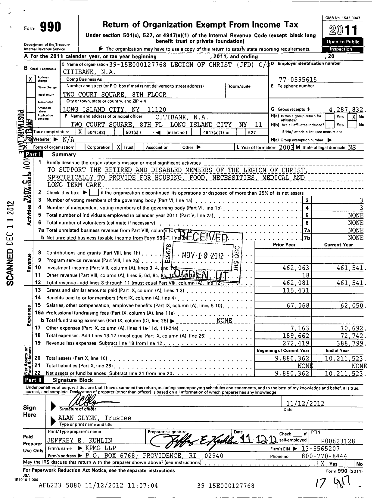 Image of first page of 2011 Form 990 for Legion of Christ JFD