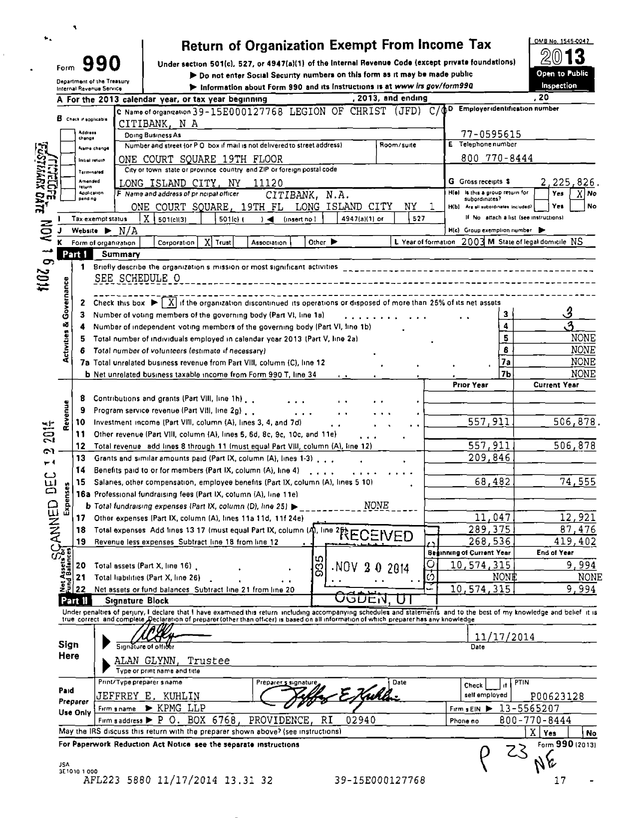 Image of first page of 2013 Form 990 for Legion of Christ JFD