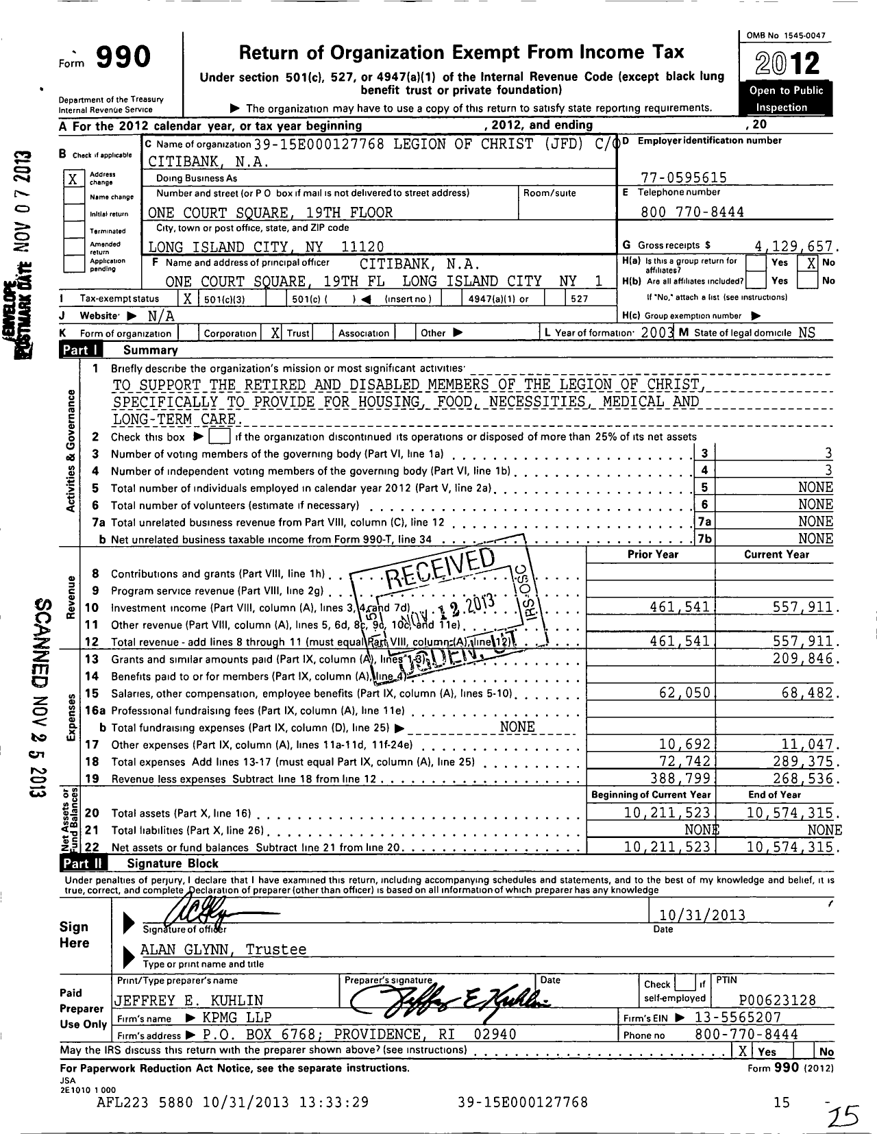 Image of first page of 2012 Form 990 for Legion of Christ JFD