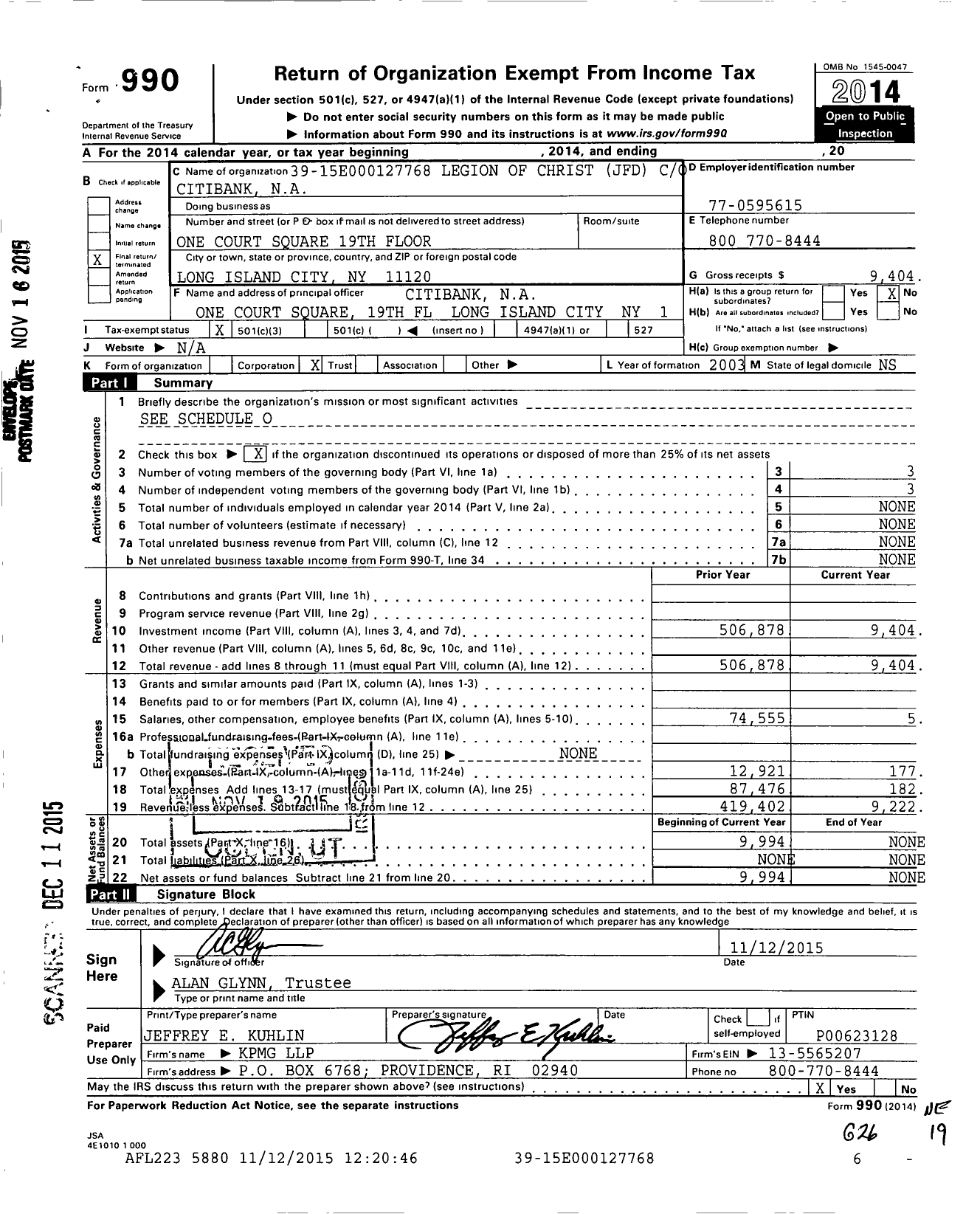 Image of first page of 2014 Form 990 for Legion of Christ JFD