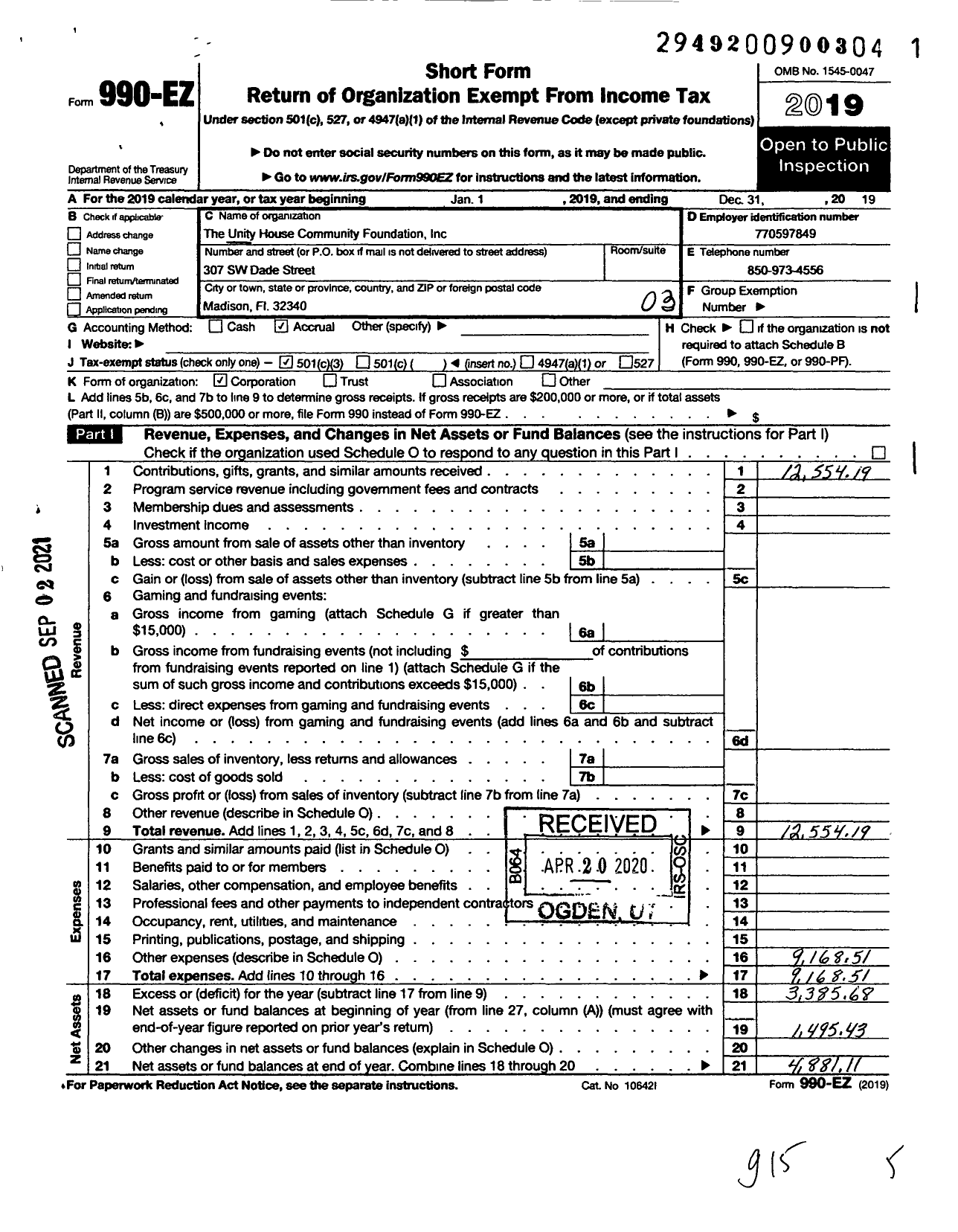 Image of first page of 2019 Form 990EZ for Unity House Community Foundation