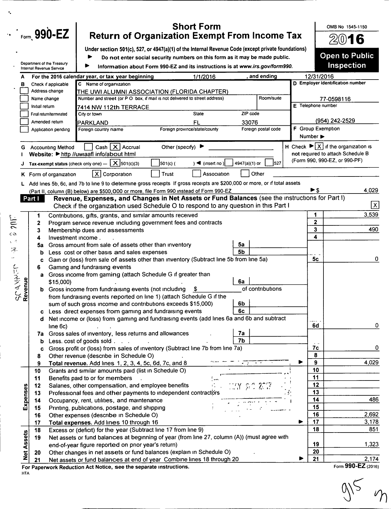 Image of first page of 2016 Form 990EZ for The Uwi Alumni Association