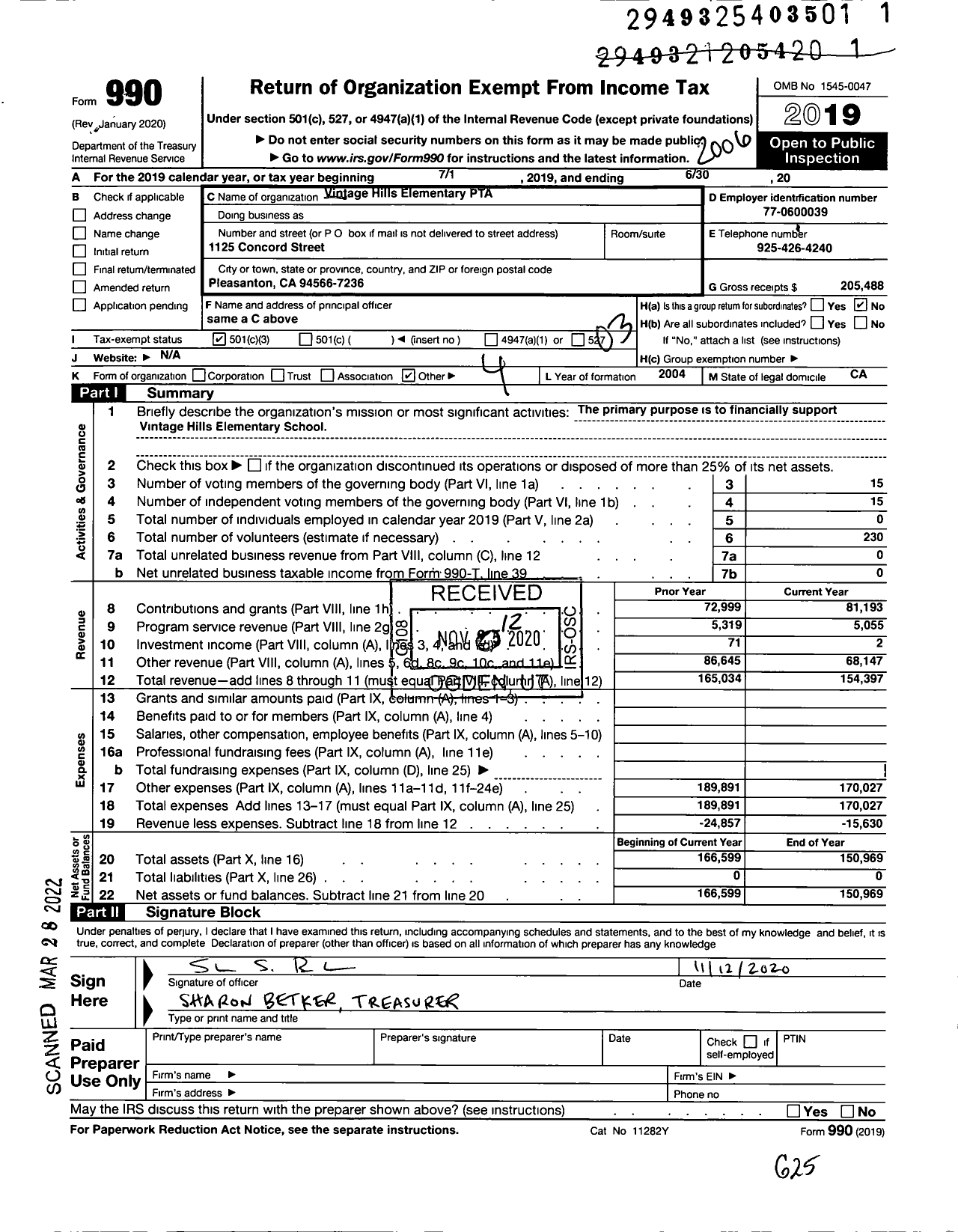 Image of first page of 2019 Form 990 for California State PTA - Vintage Hills Elementary PTA