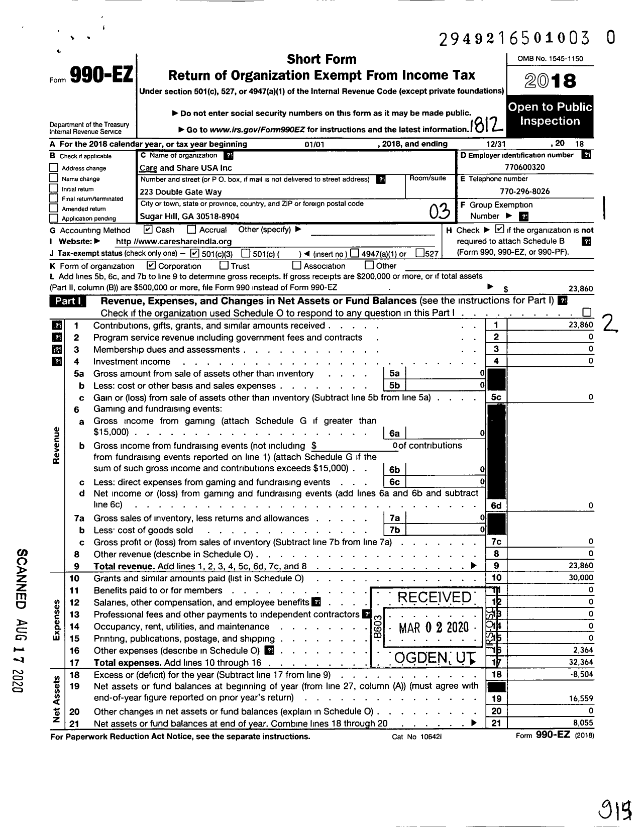 Image of first page of 2018 Form 990EZ for Care and Share USA