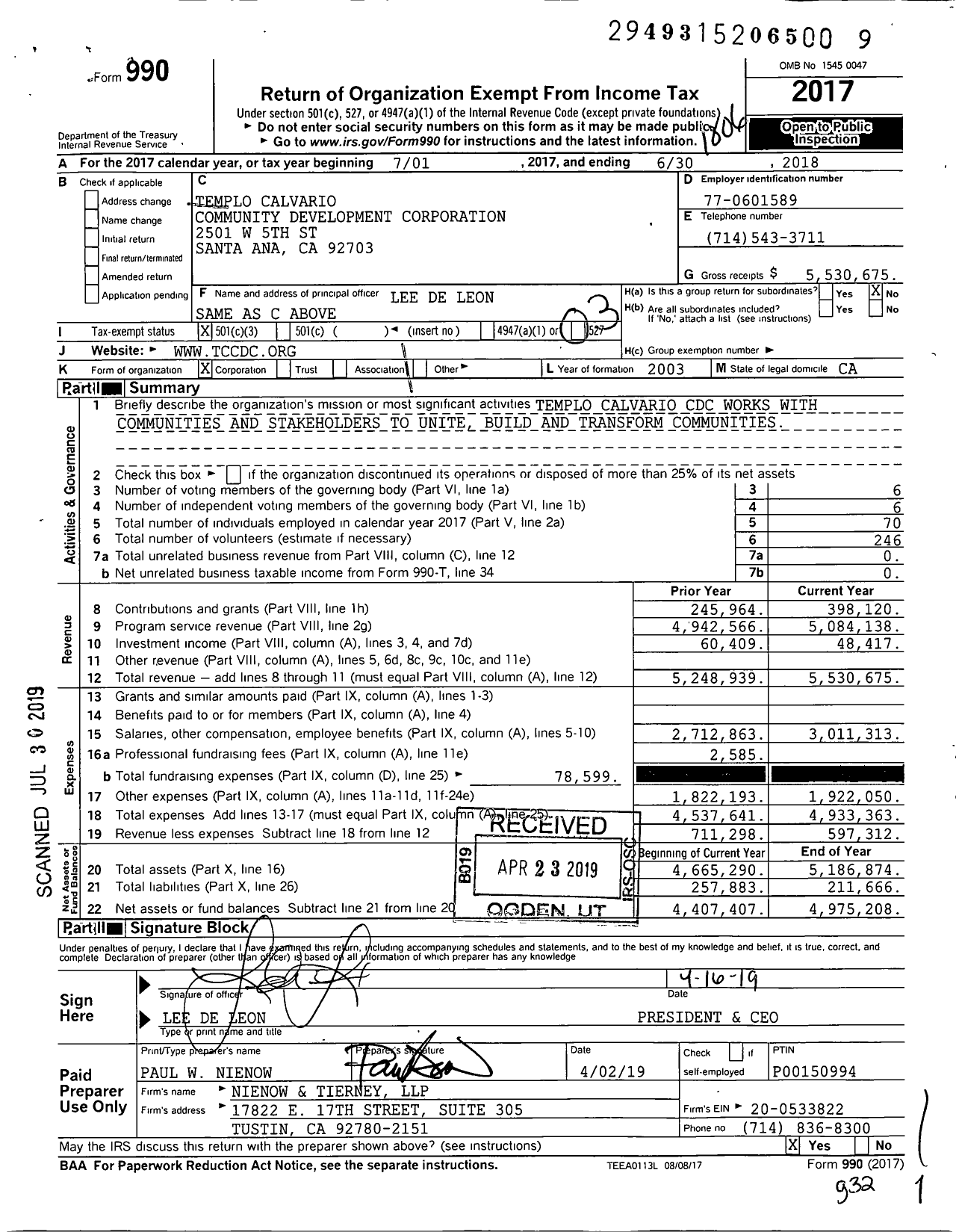 Image of first page of 2017 Form 990 for Templo Calvario Community Development Corporation (TCCDC)