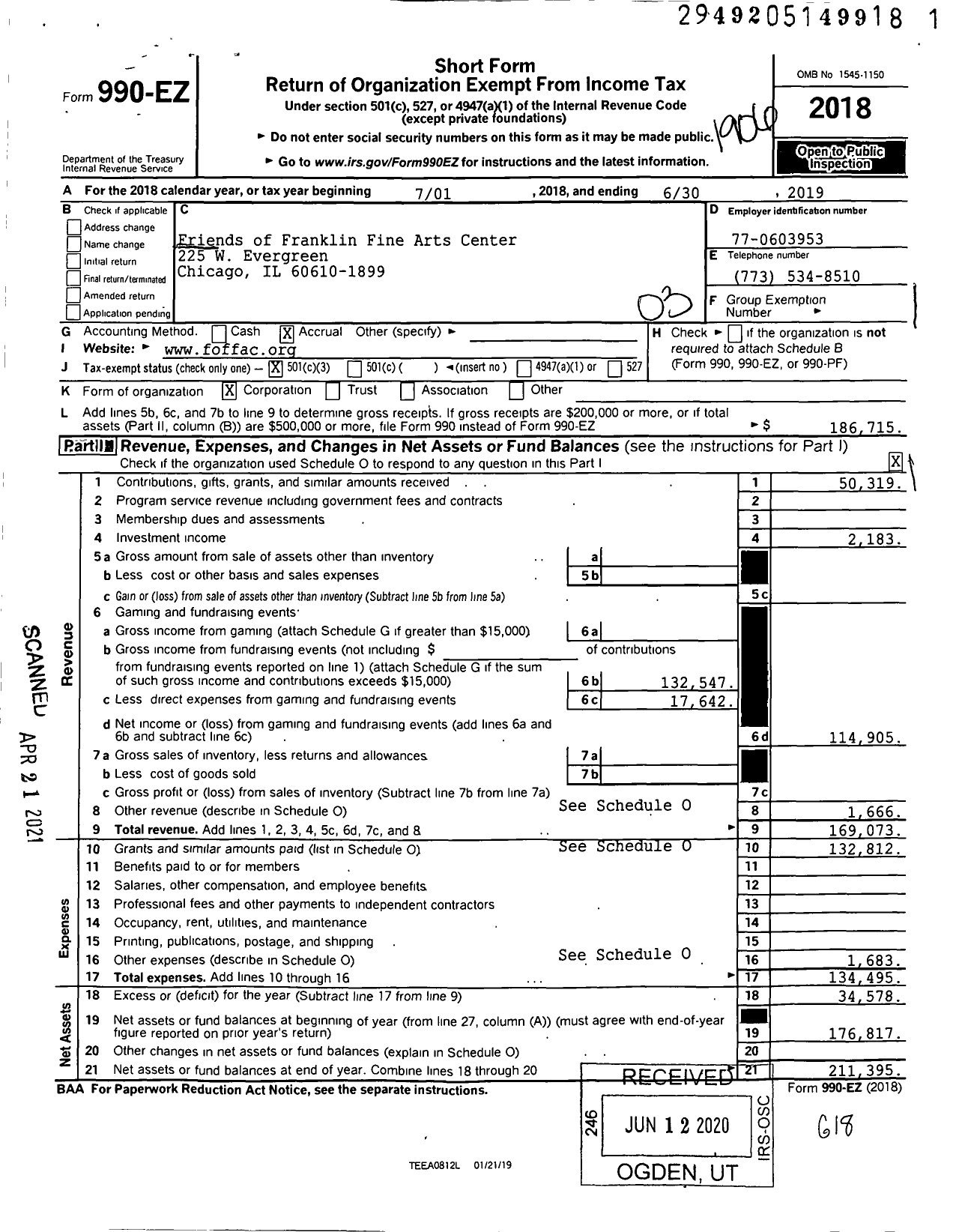 Image of first page of 2018 Form 990EZ for Friends of Franklin Fine Arts Center NFP