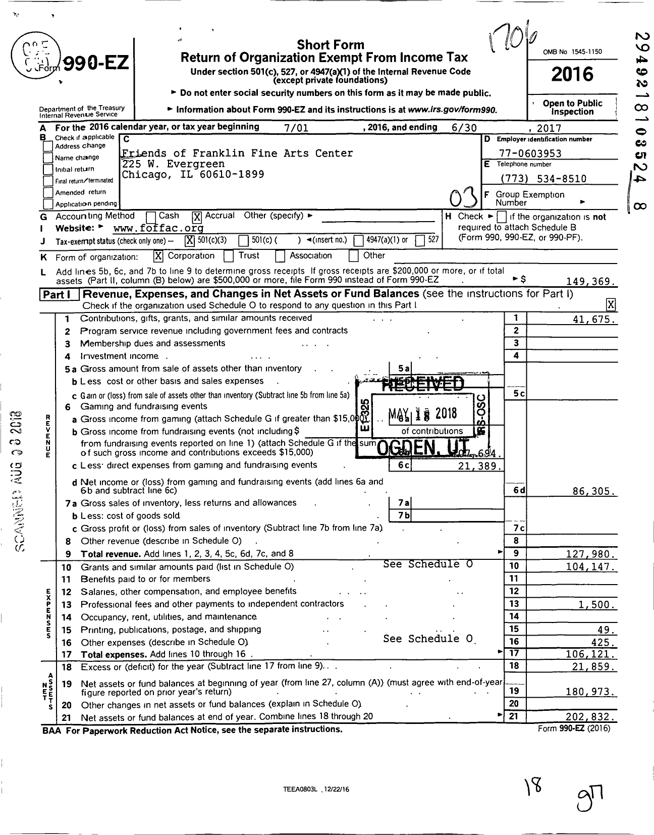 Image of first page of 2016 Form 990EZ for Friends of Franklin Fine Arts Center NFP