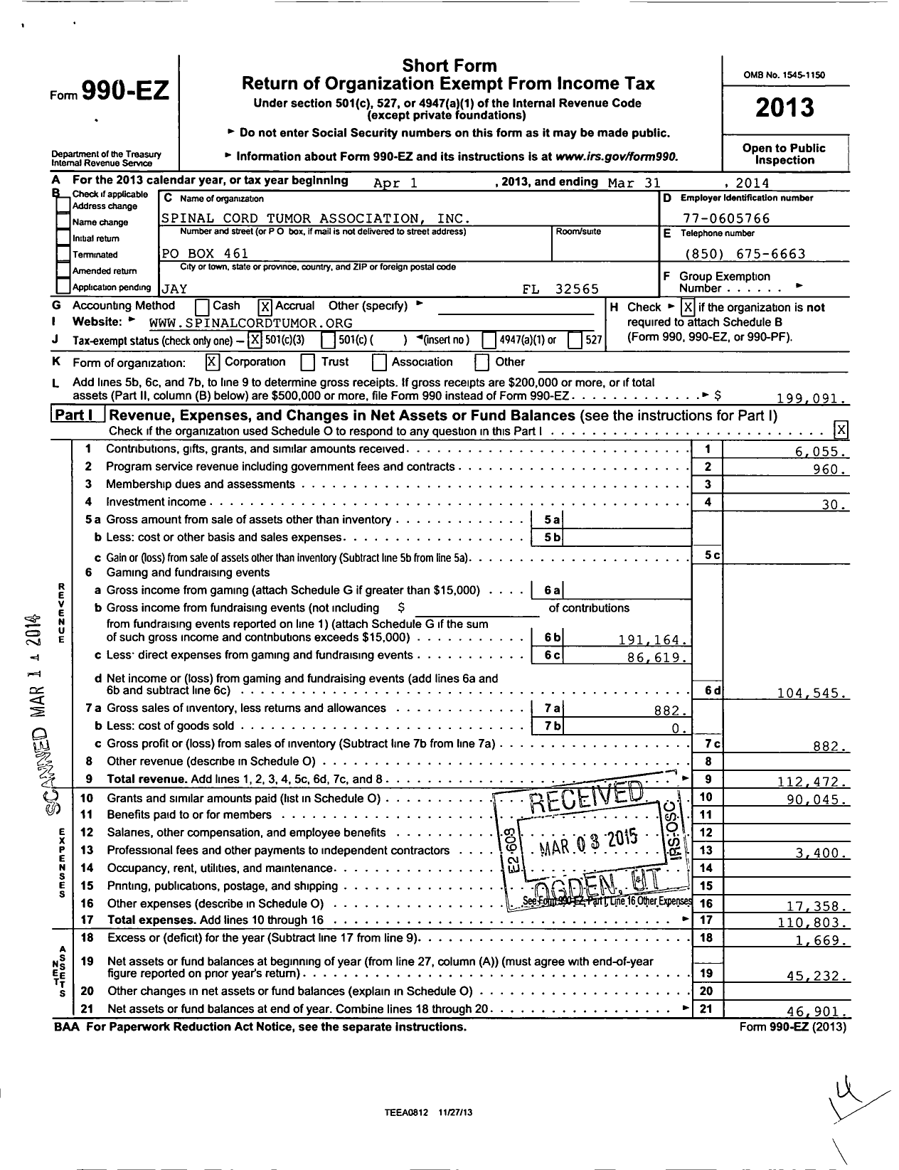 Image of first page of 2013 Form 990EZ for Spinal Cord Tumor Association