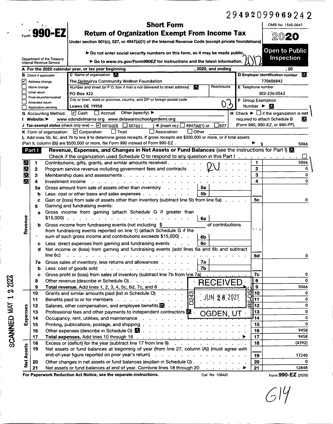 Image of first page of 2020 Form 990EZ for The Delmarva Community Wellnet Foundation