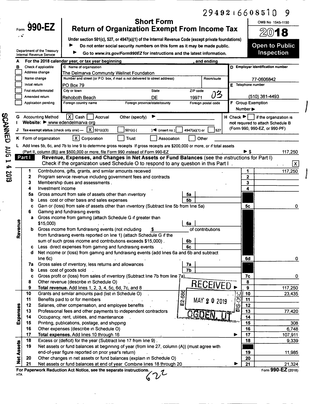 Image of first page of 2018 Form 990EZ for The Delmarva Community Wellnet Foundation