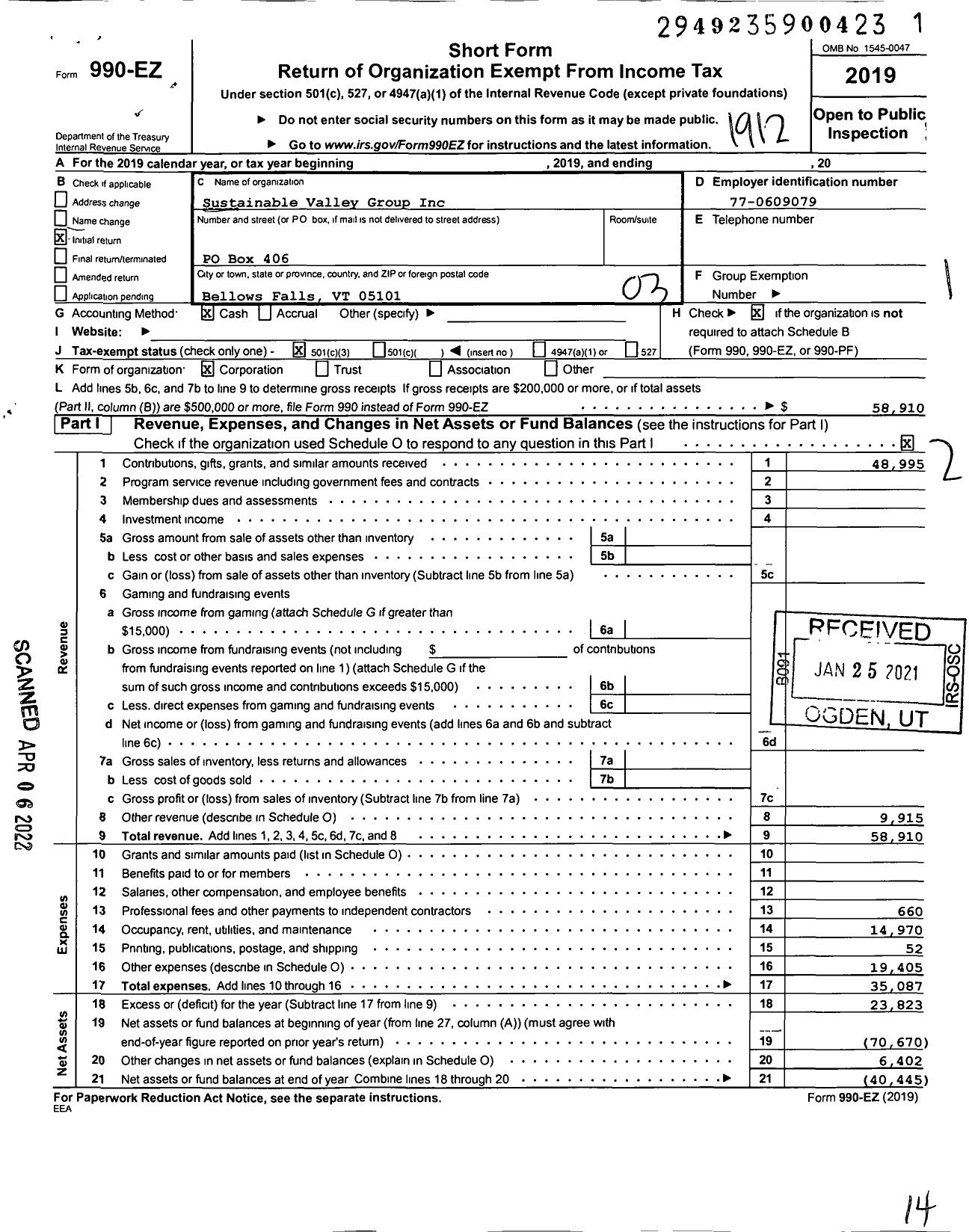 Image of first page of 2019 Form 990EZ for Sustainable Valley Group