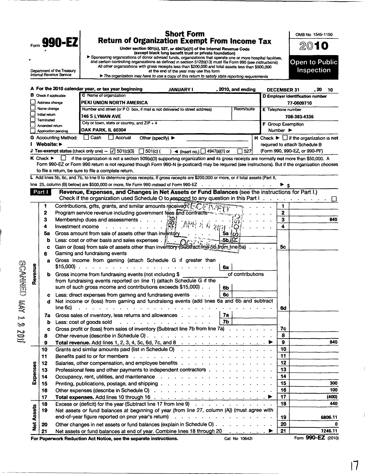 Image of first page of 2010 Form 990EZ for Peki Union North America-Puna