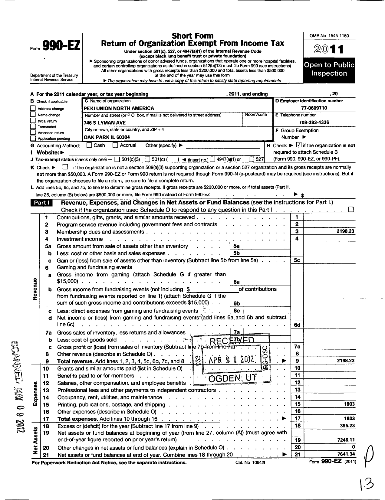 Image of first page of 2011 Form 990EO for Peki Union North America-Puna