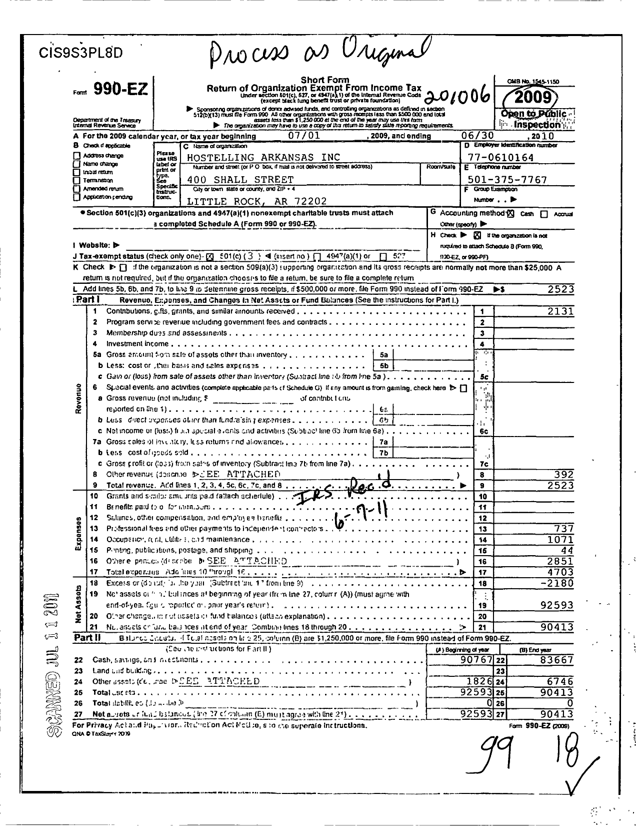 Image of first page of 2009 Form 990EZ for Hostelling Arkansas