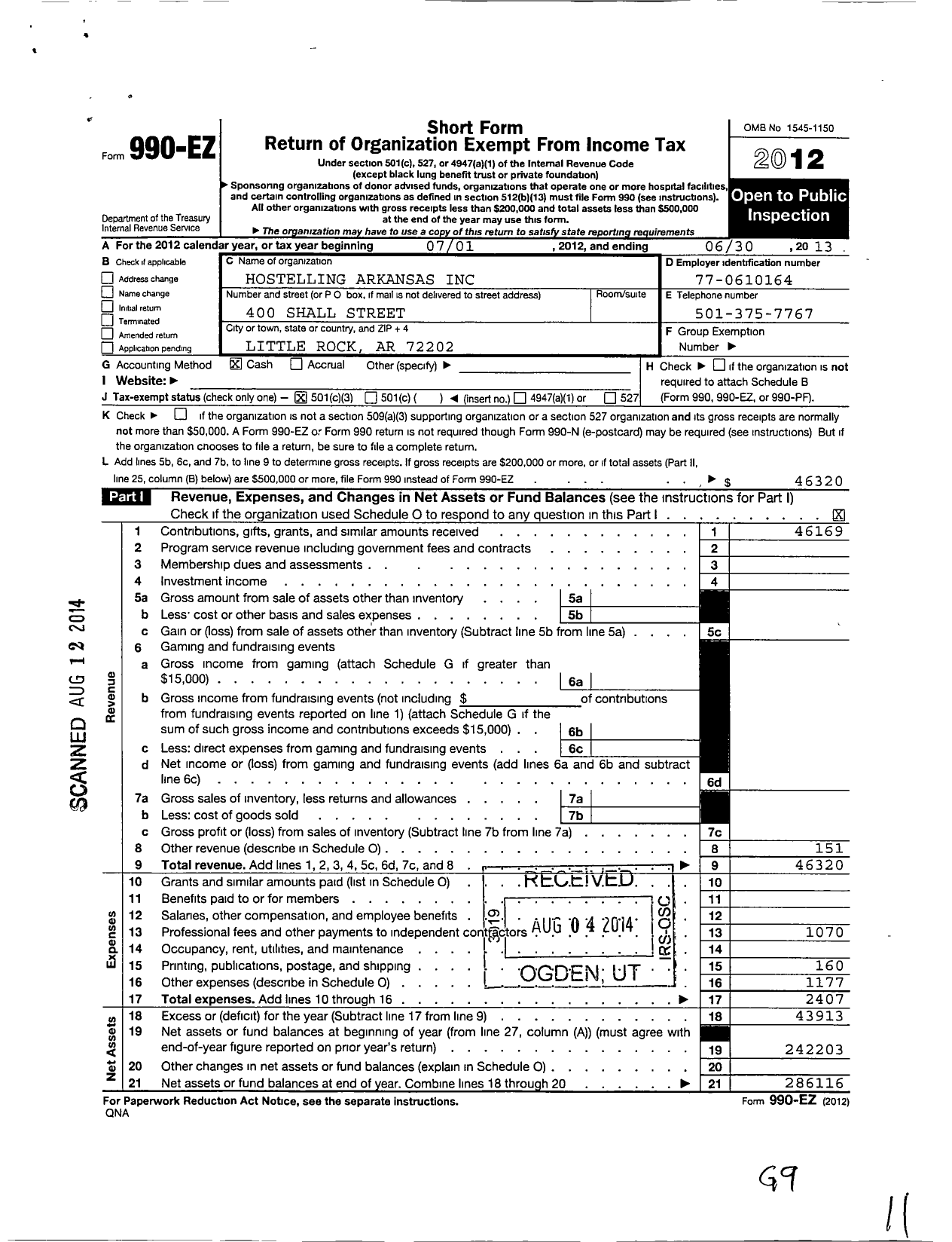 Image of first page of 2012 Form 990EZ for Hostelling Arkansas