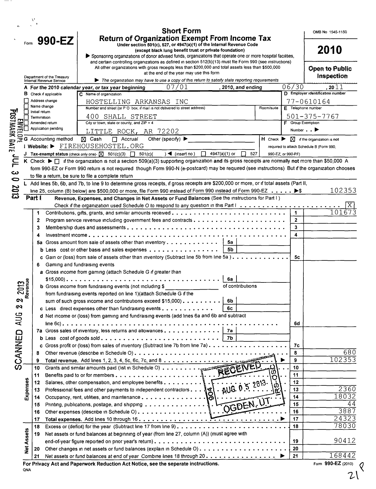 Image of first page of 2010 Form 990EZ for Hostelling Arkansas