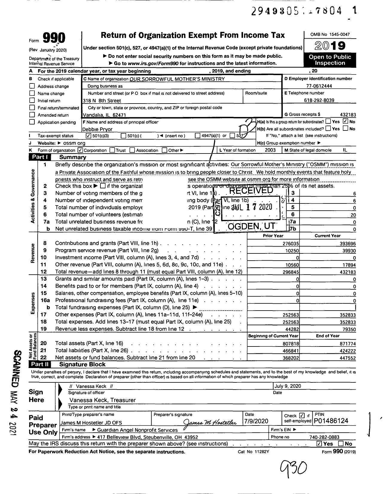 Image of first page of 2019 Form 990 for Our Sorrowful Mothers Ministry