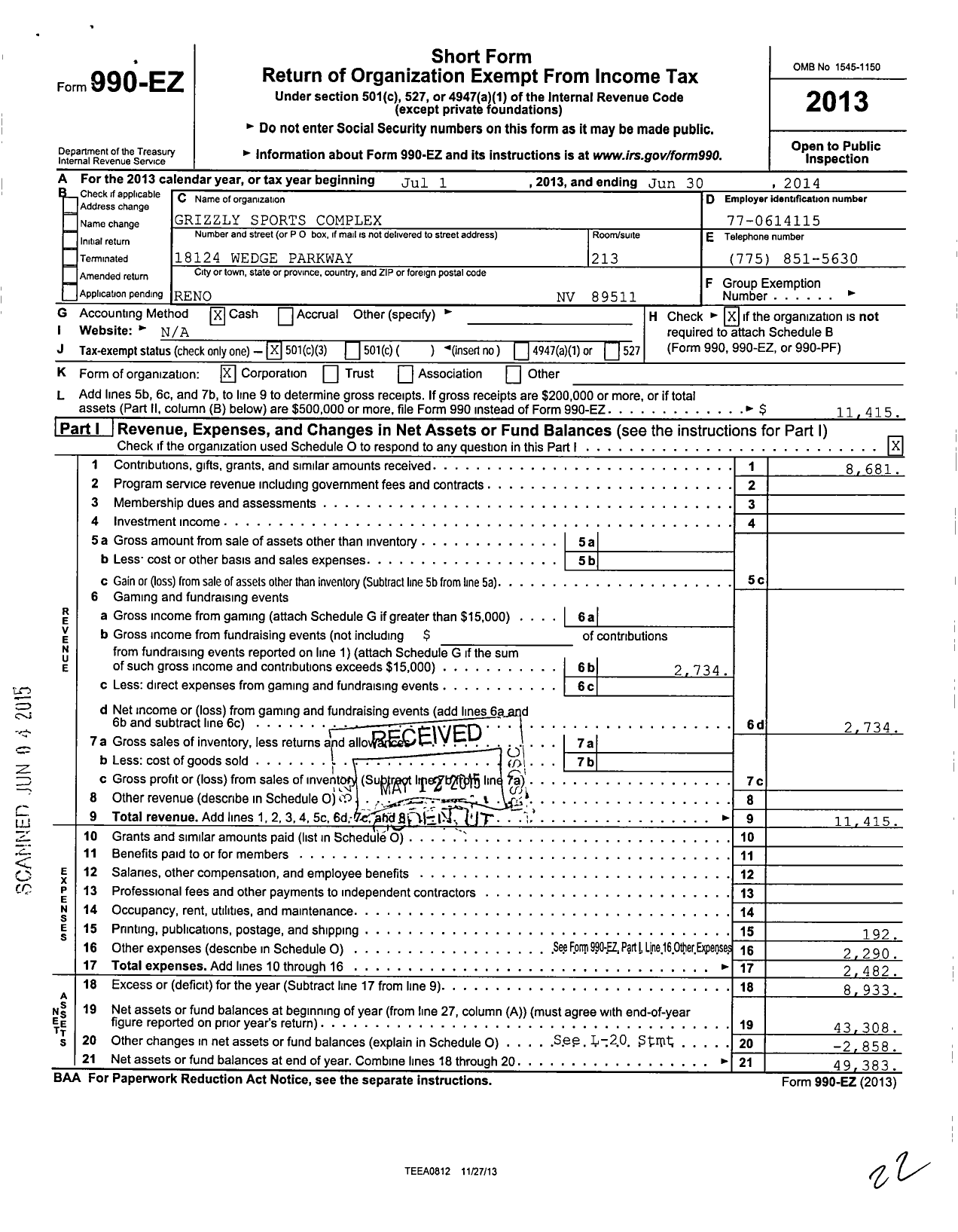 Image of first page of 2013 Form 990EZ for Grizzly Sports Complex