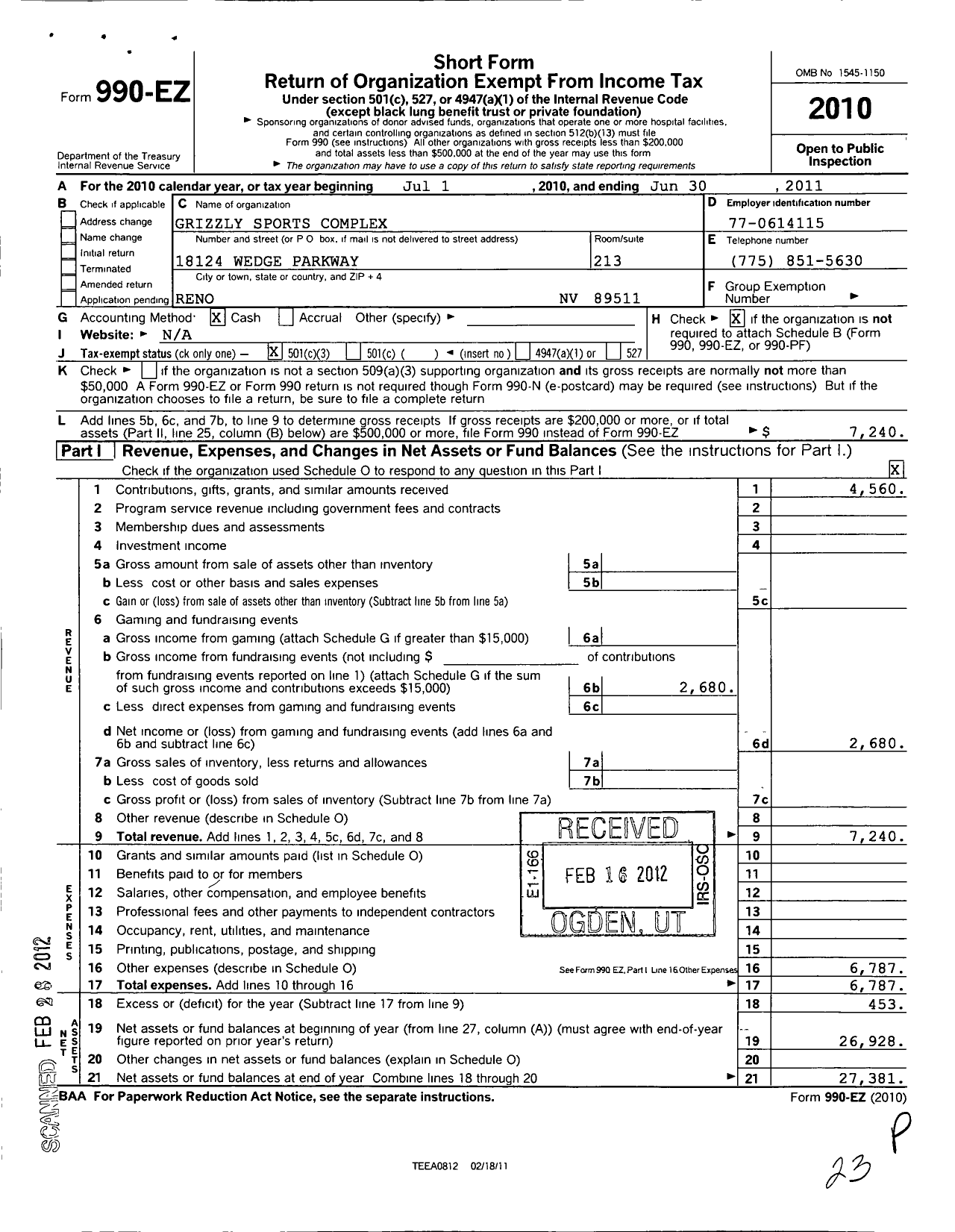 Image of first page of 2010 Form 990EZ for Grizzly Sports Complex