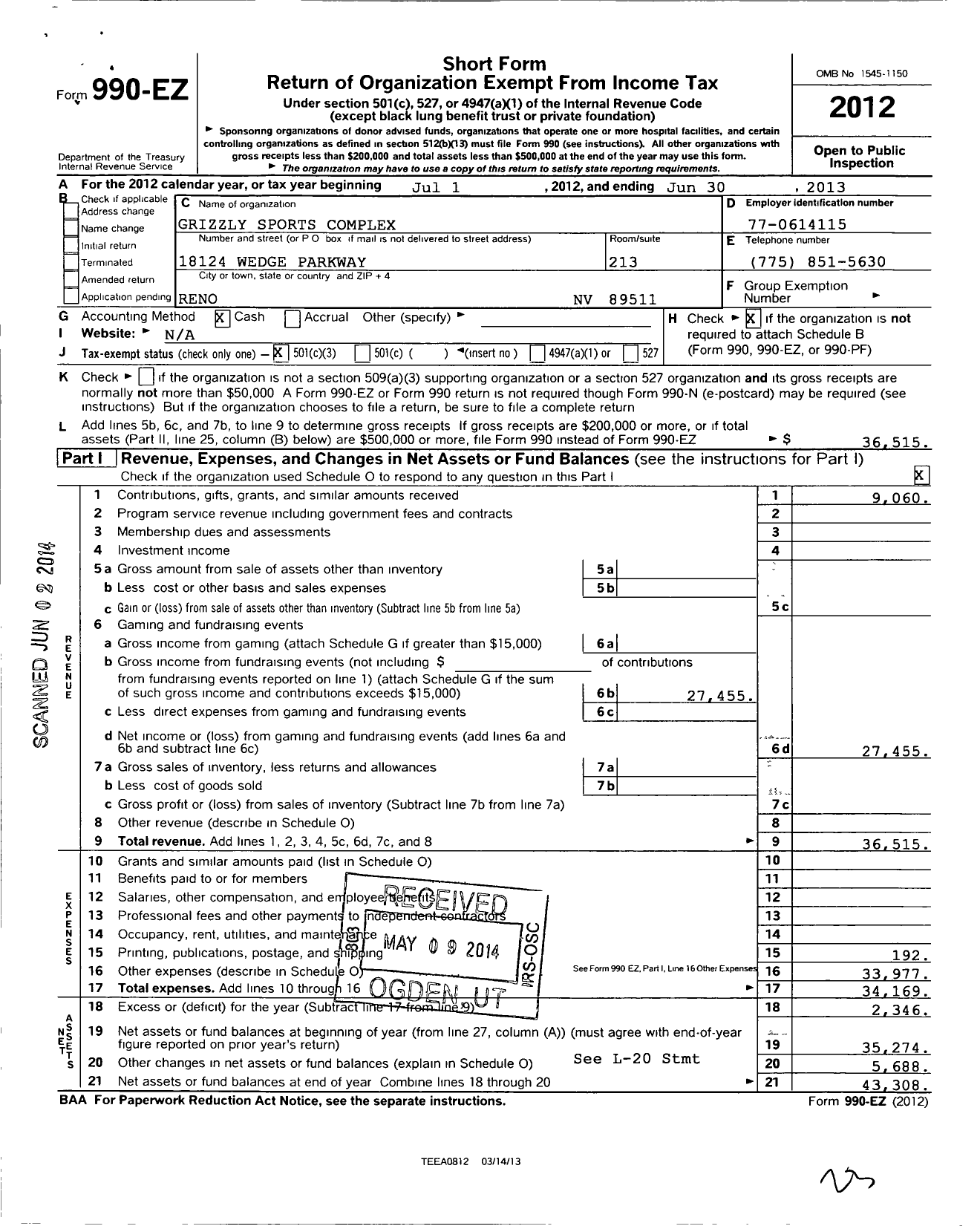 Image of first page of 2012 Form 990EZ for Grizzly Sports Complex