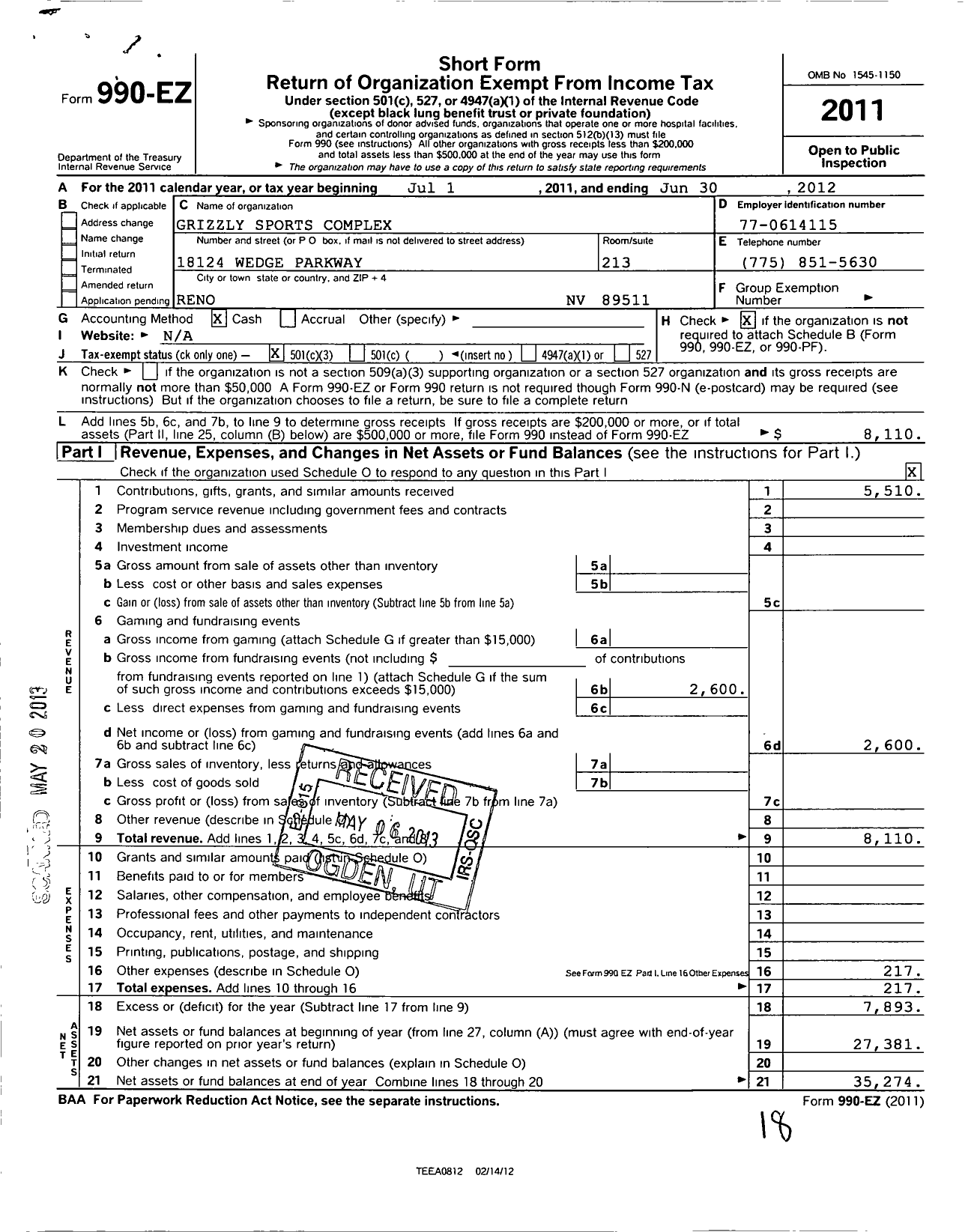 Image of first page of 2011 Form 990EZ for Grizzly Sports Complex