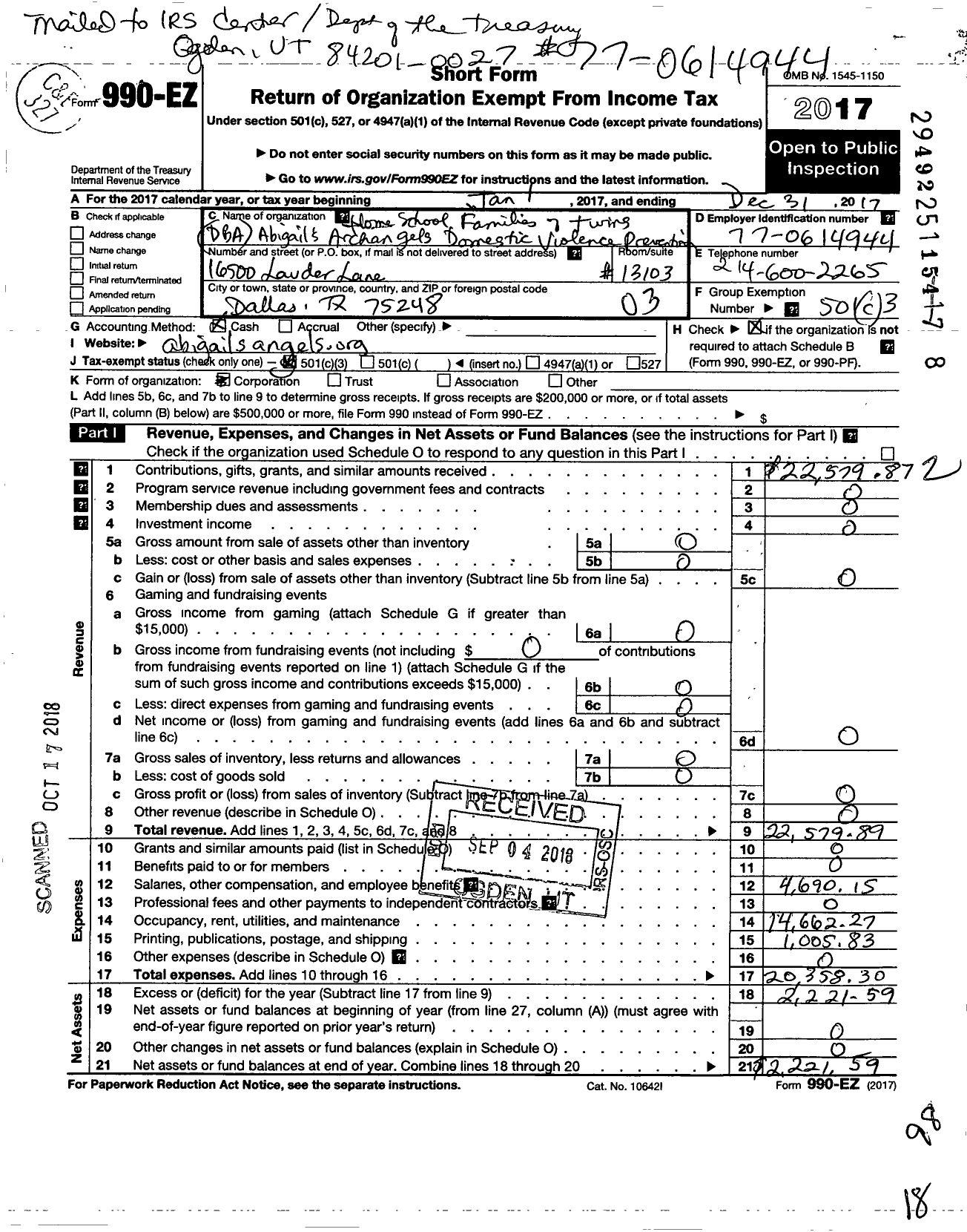 Image of first page of 2017 Form 990EZ for Home School Families of Twins