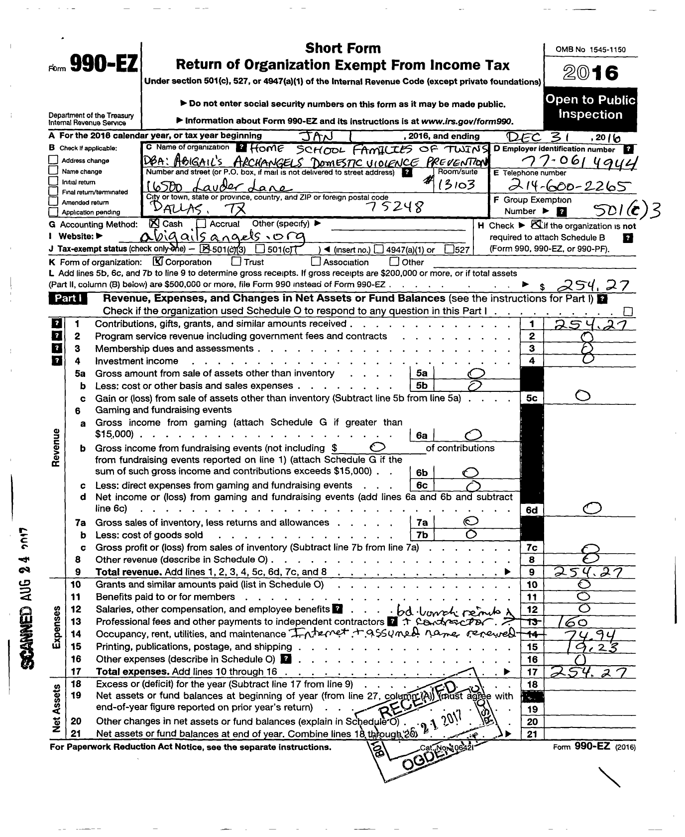 Image of first page of 2016 Form 990EZ for Home School Families of Twins