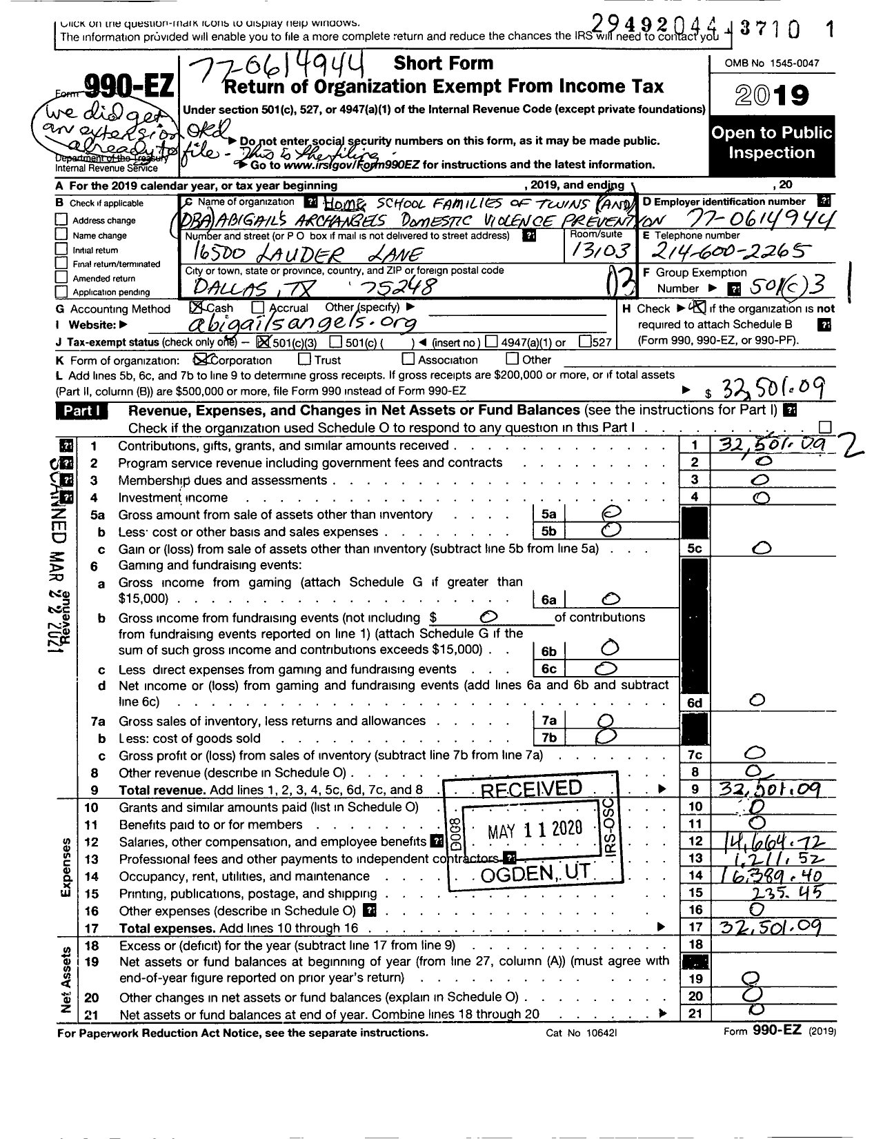 Image of first page of 2019 Form 990EZ for Home School Families of Twins