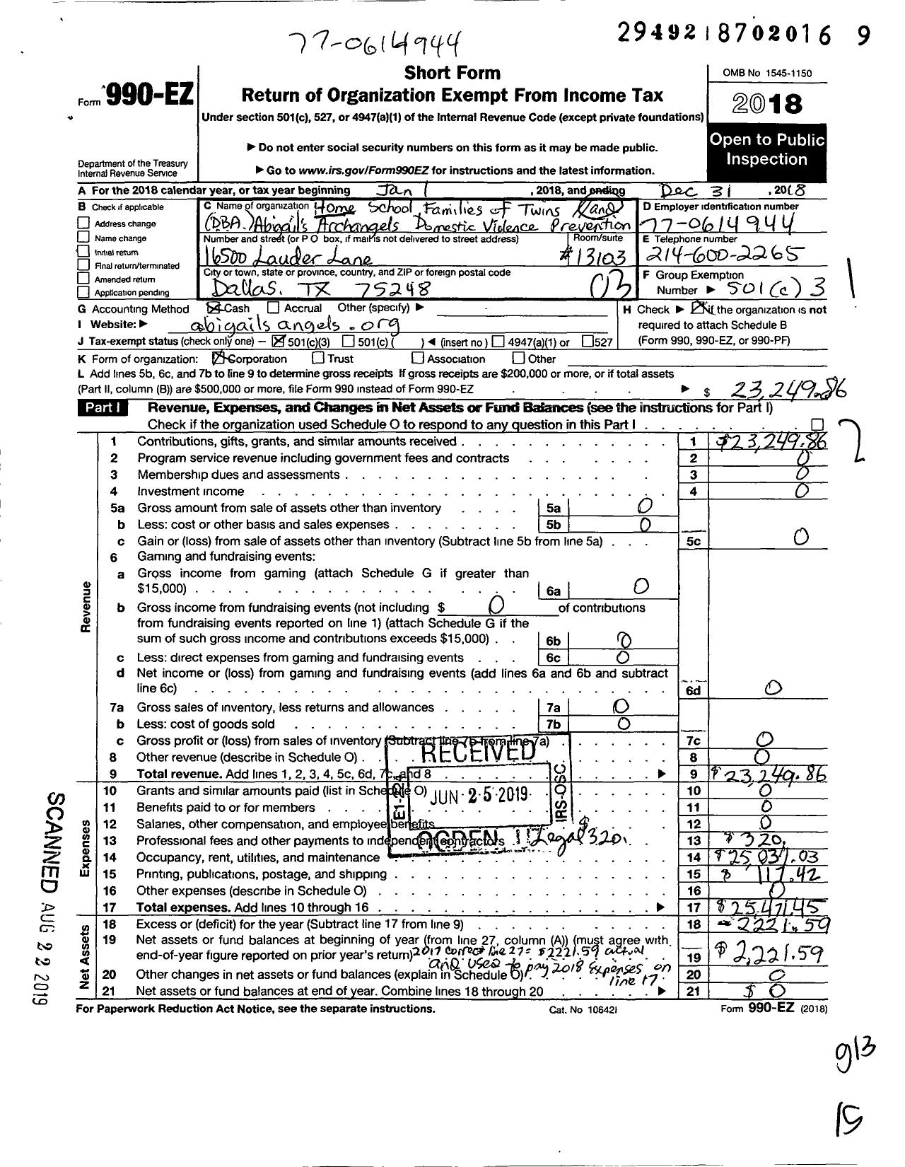 Image of first page of 2018 Form 990EZ for Home School Families of Twins