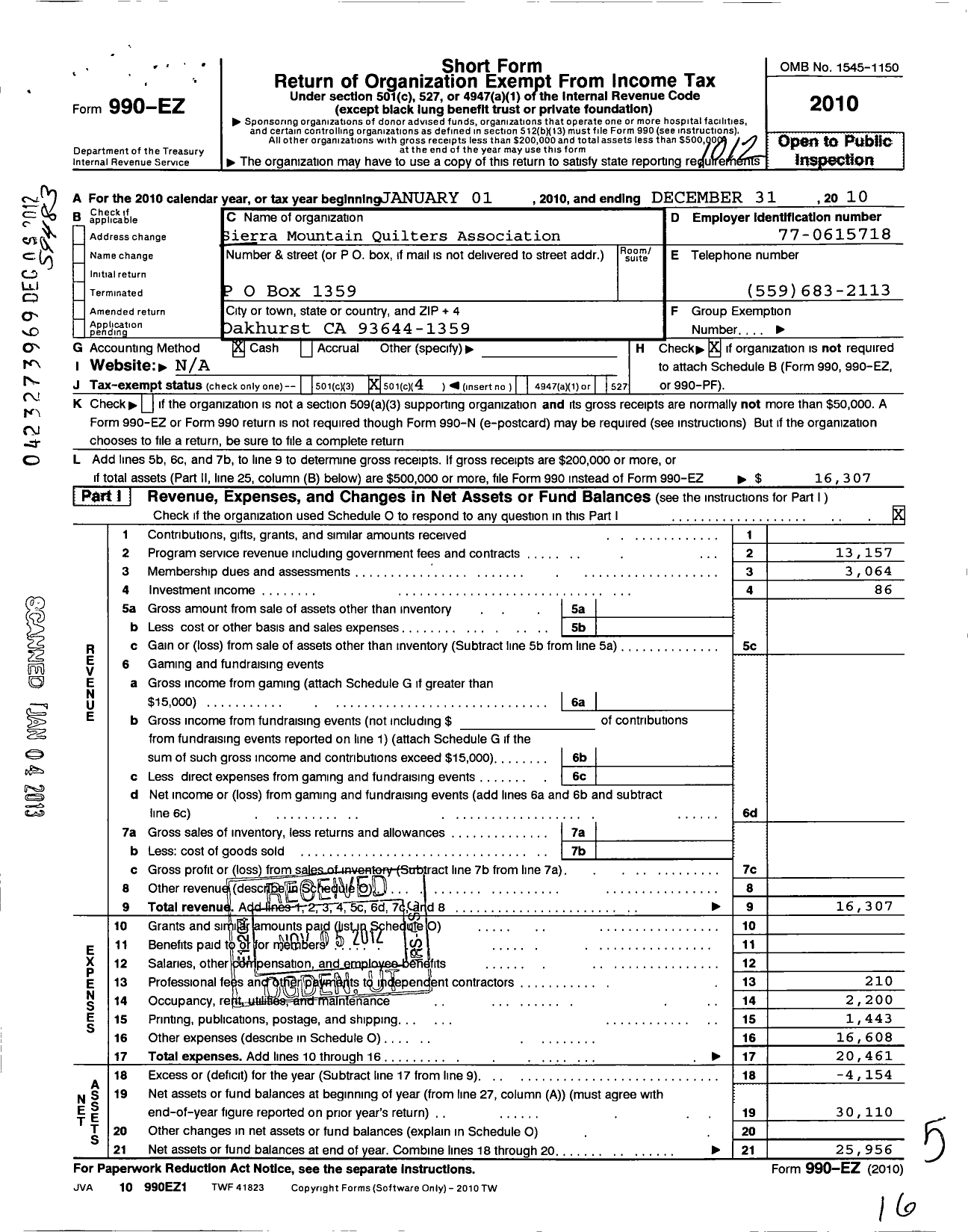 Image of first page of 2010 Form 990EO for Sierra Mountain Quilters Association