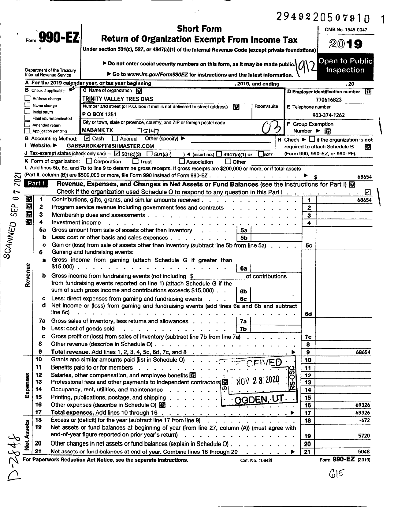 Image of first page of 2019 Form 990EZ for Trinity Valley Tres Dias