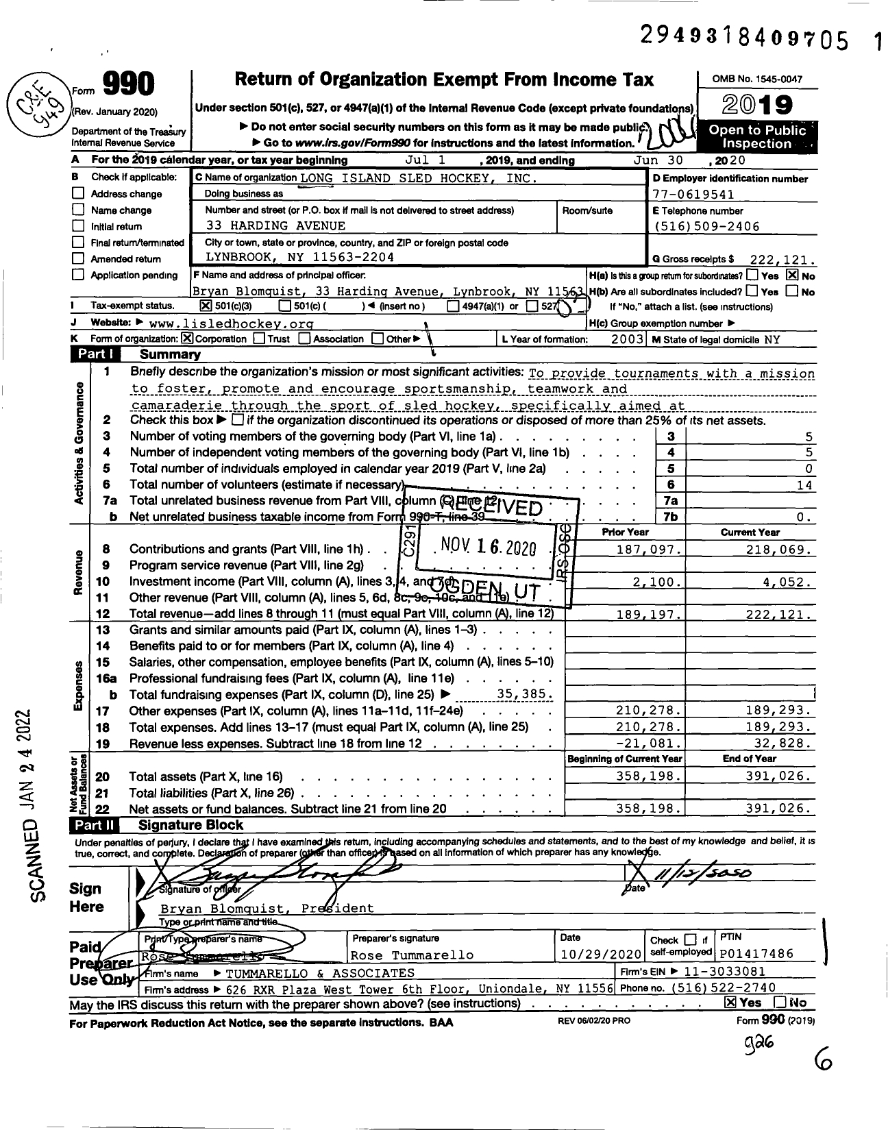 Image of first page of 2019 Form 990 for Long Island Sled Hockey