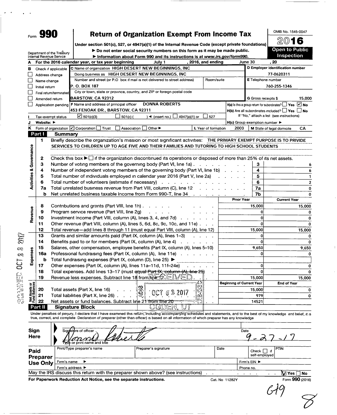 Image of first page of 2016 Form 990 for High Desert New Beginnings