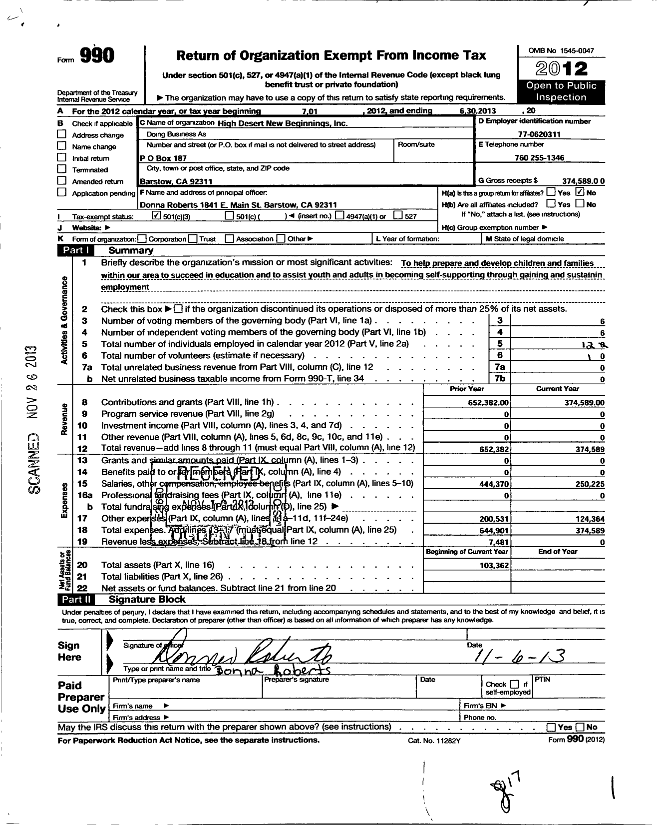 Image of first page of 2012 Form 990 for High Desert New Beginnings