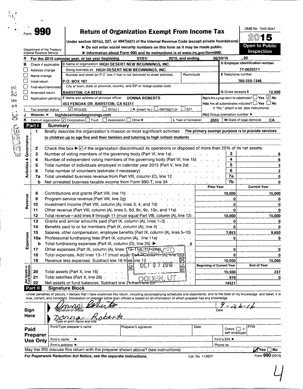 Image of first page of 2015 Form 990 for High Desert New Beginnings