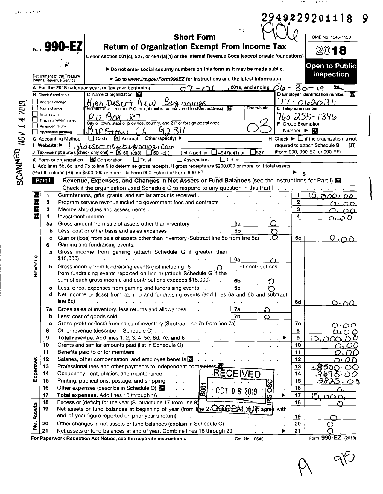 Image of first page of 2018 Form 990EZ for High Desert New Beginnings