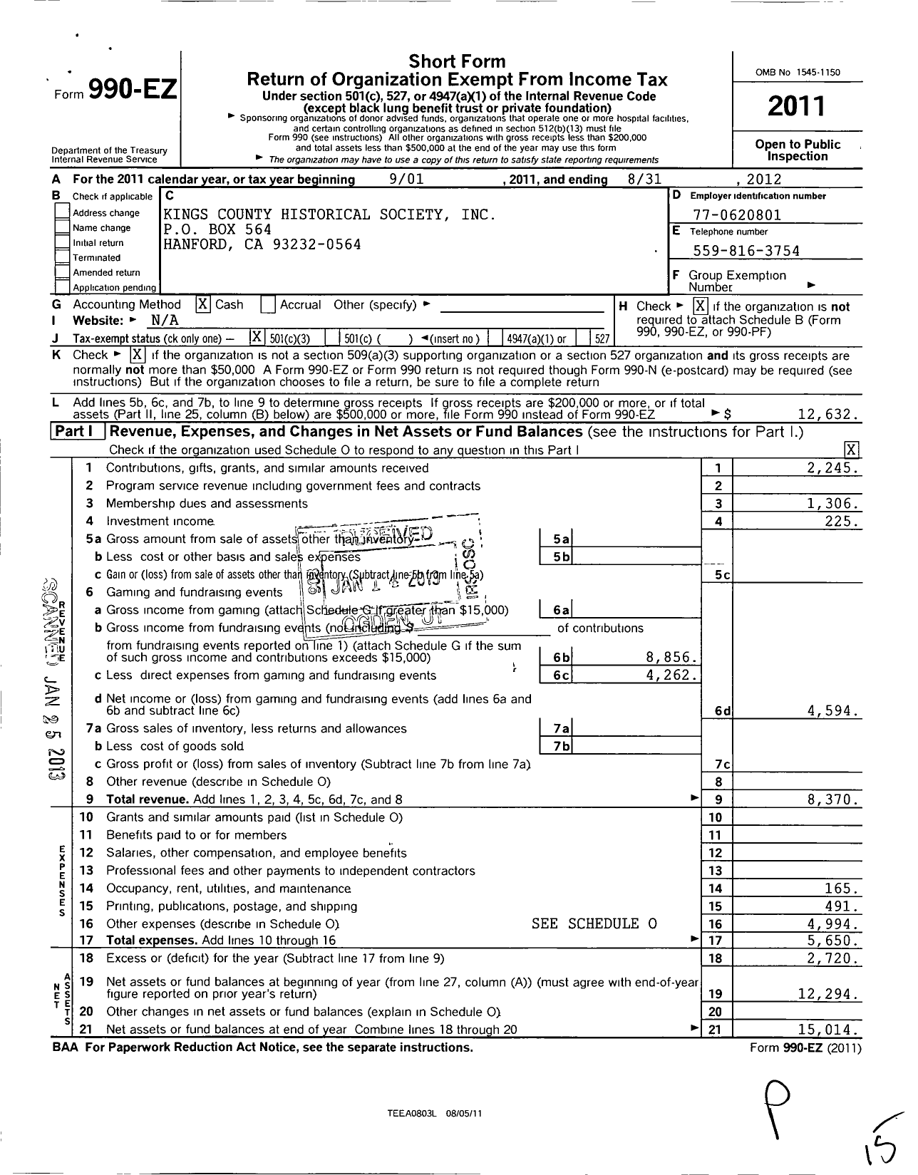 Image of first page of 2011 Form 990EZ for Kings County Historical Society