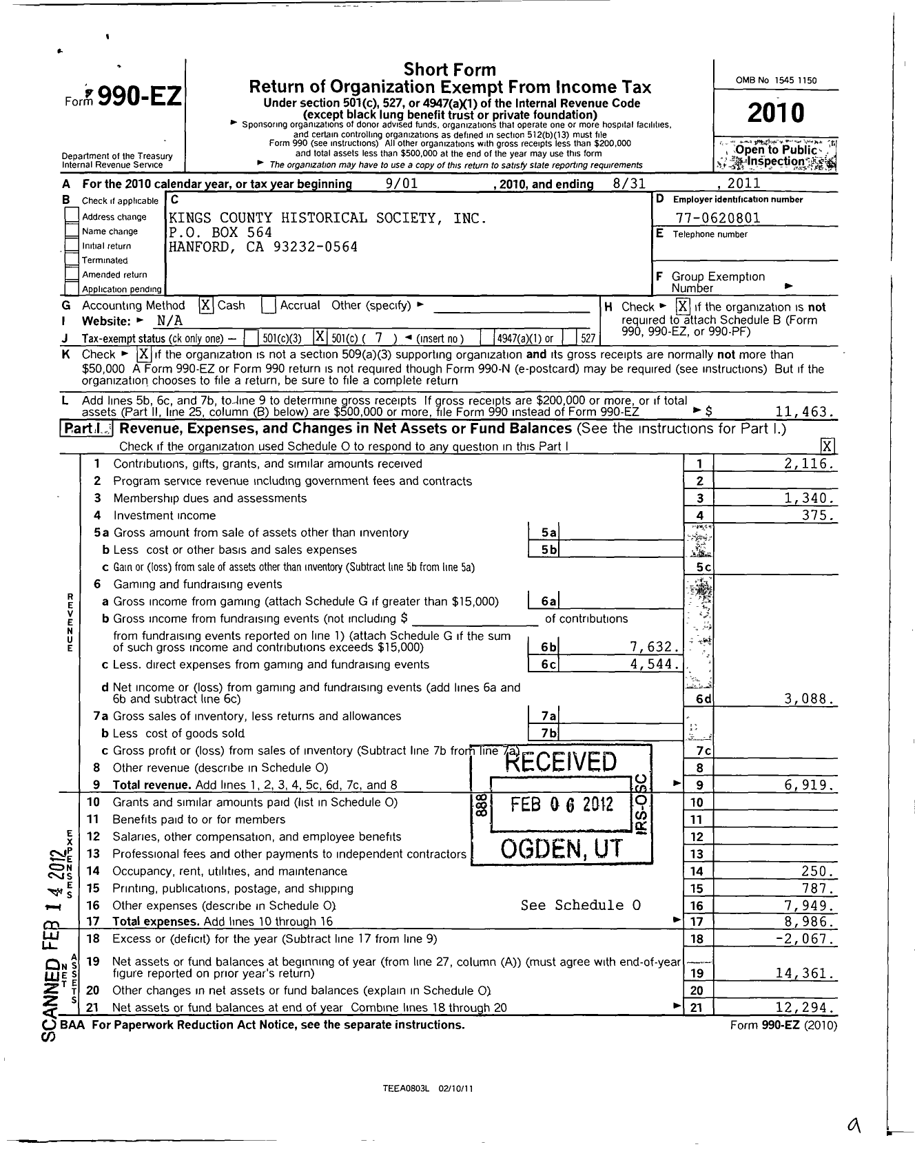 Image of first page of 2010 Form 990EO for Kings County Historical Society