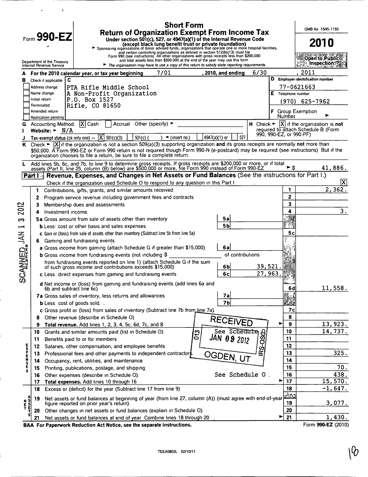 Image of first page of 2010 Form 990EZ for PTA Colorado Congress / Rifle Middle School Ptsa