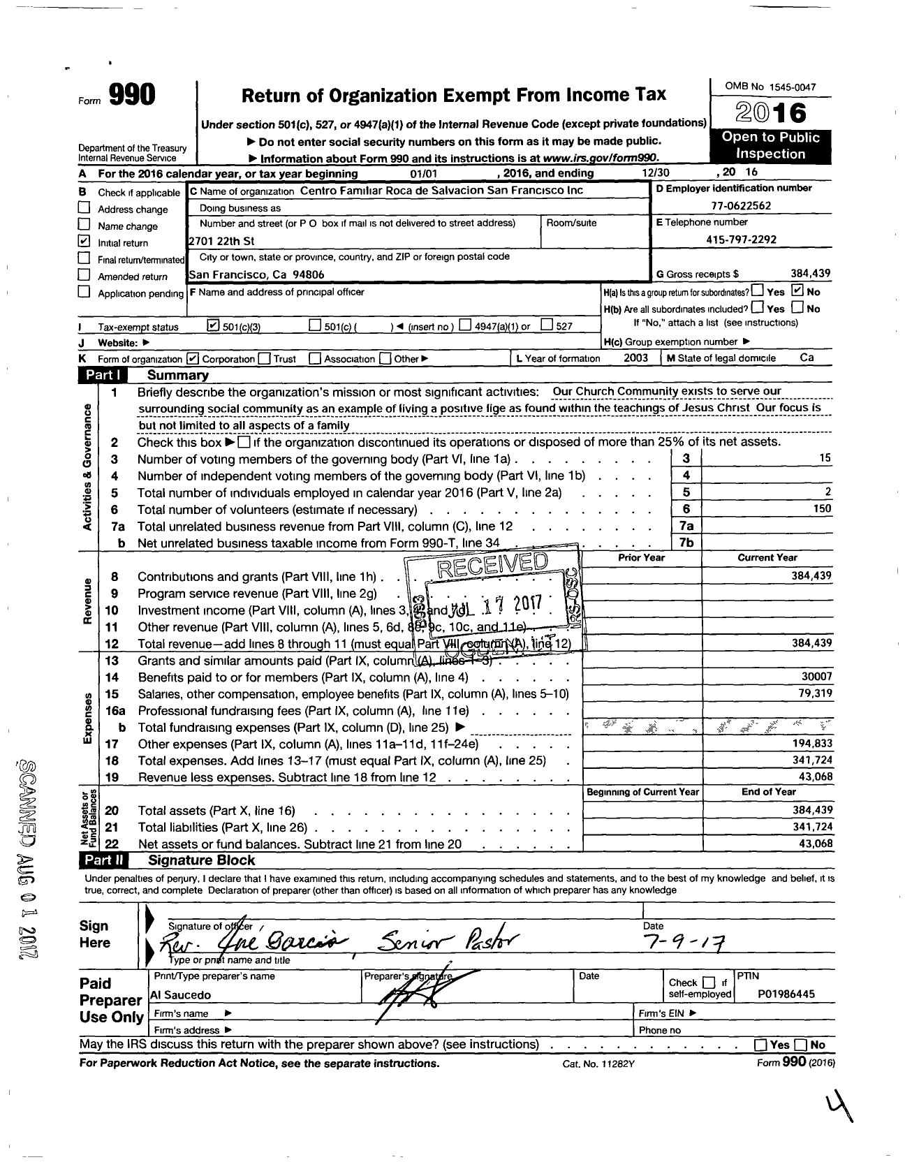 Image of first page of 2016 Form 990 for Centro Familiar Roce de Salvacion San Francisco