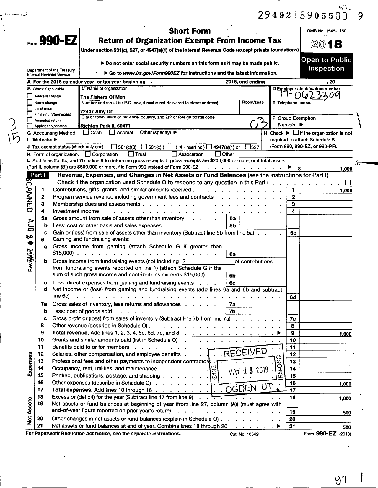 Image of first page of 2018 Form 990EZ for Fishers of Men