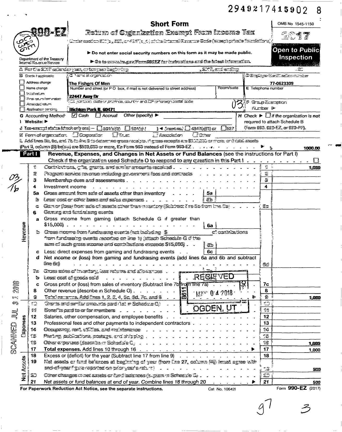 Image of first page of 2017 Form 990EZ for Fishers of Men