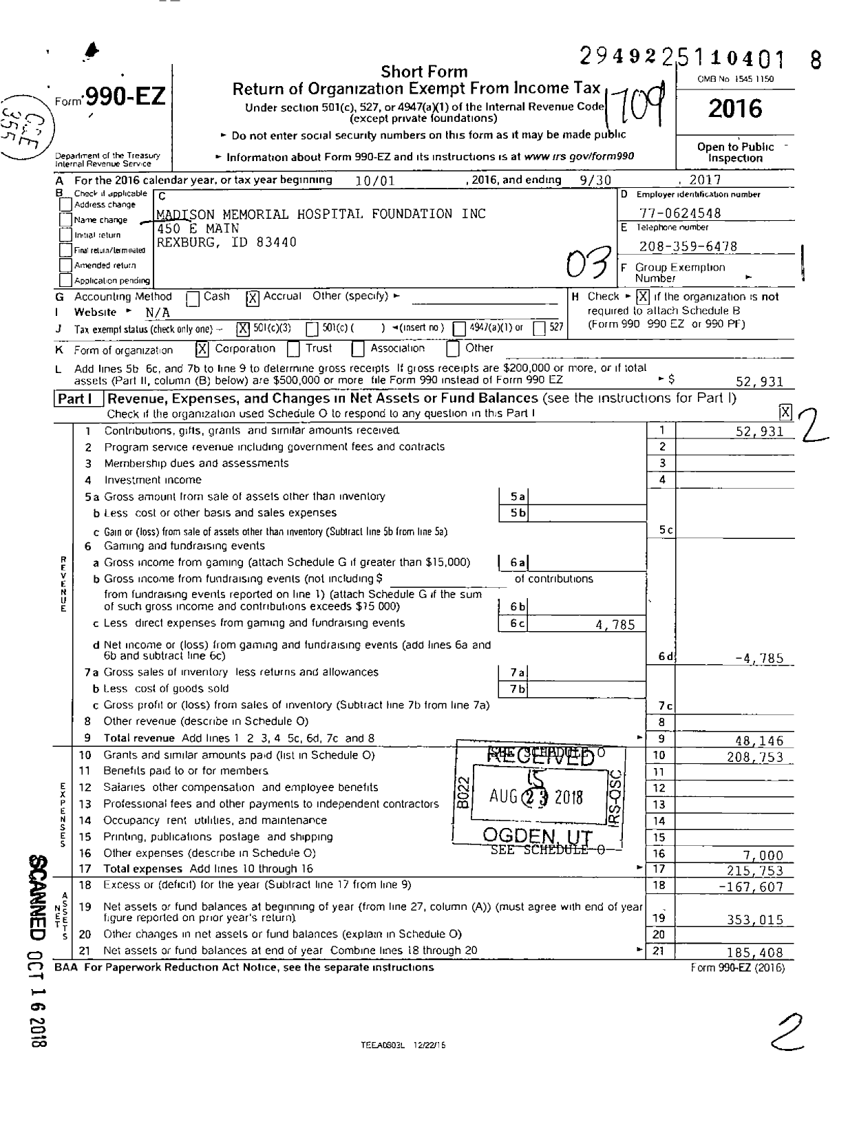 Image of first page of 2016 Form 990EZ for Madison Memorial Hospital Foundation