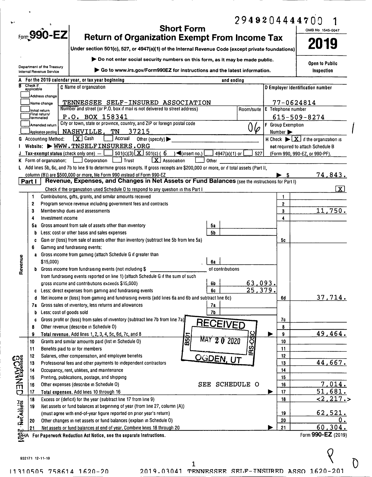 Image of first page of 2019 Form 990EO for Tennessee Self-Insured Association