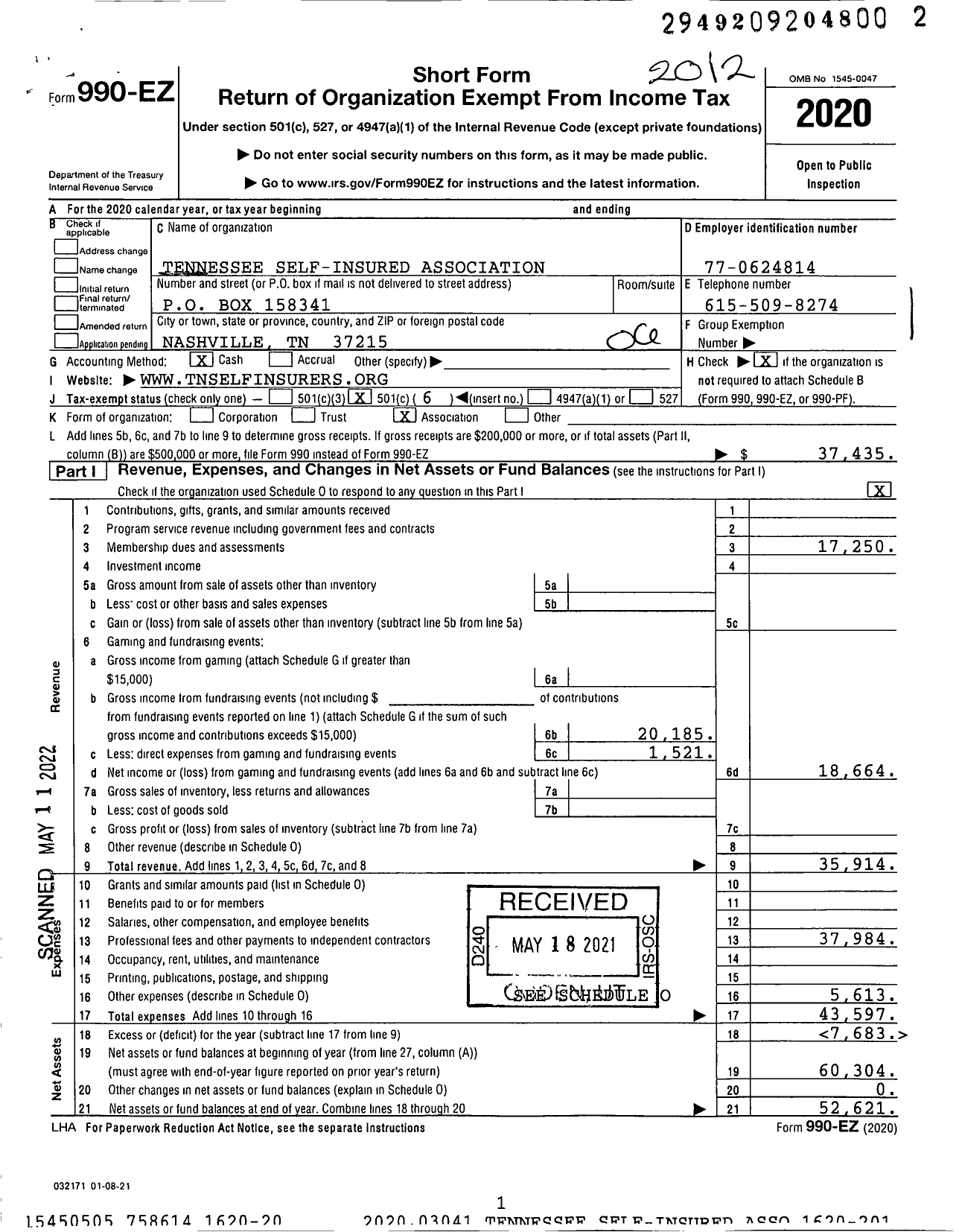 Image of first page of 2020 Form 990EO for Tennessee Self-Insured Association