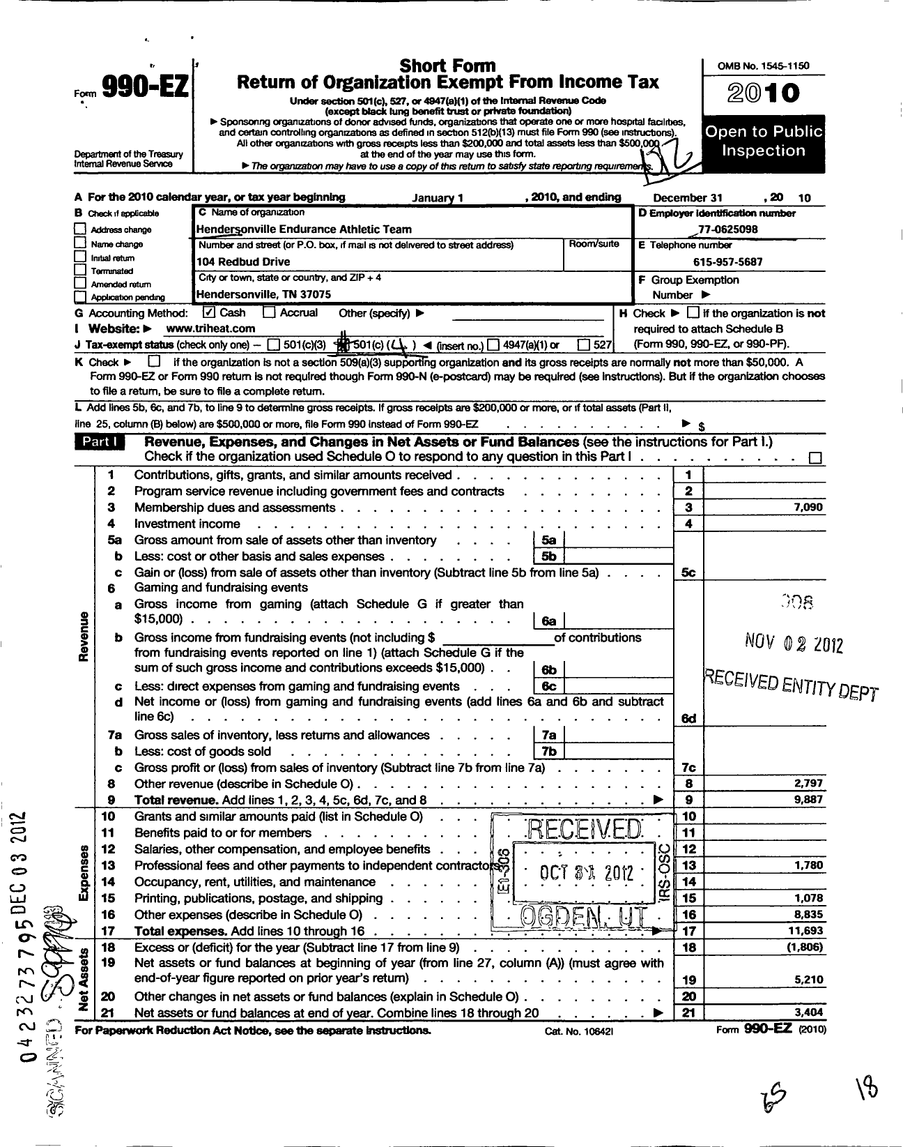 Image of first page of 2010 Form 990EO for Hendersonville Endurance Athletic Team