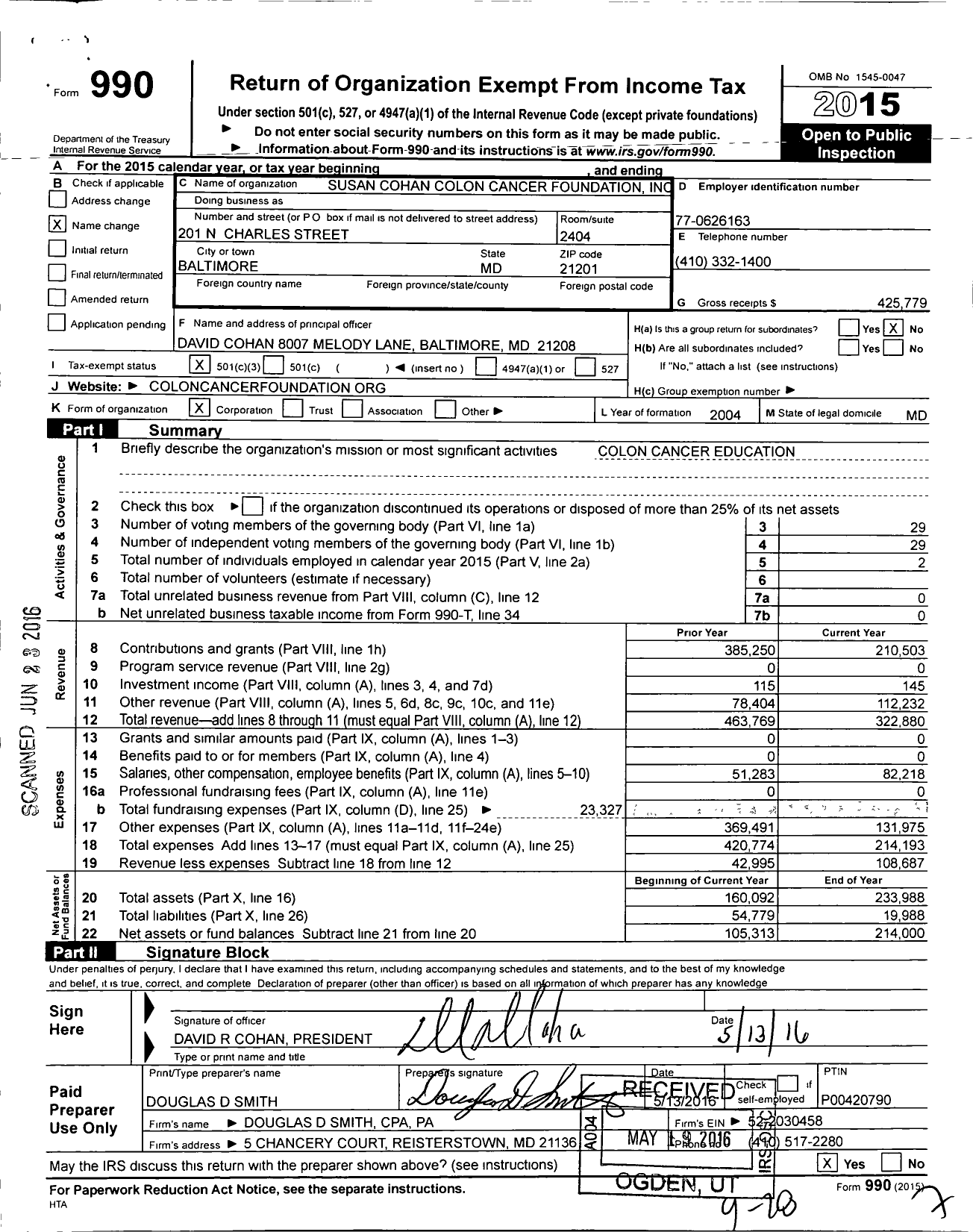 Image of first page of 2015 Form 990 for Susan Cohan Colon Cancer Foundation