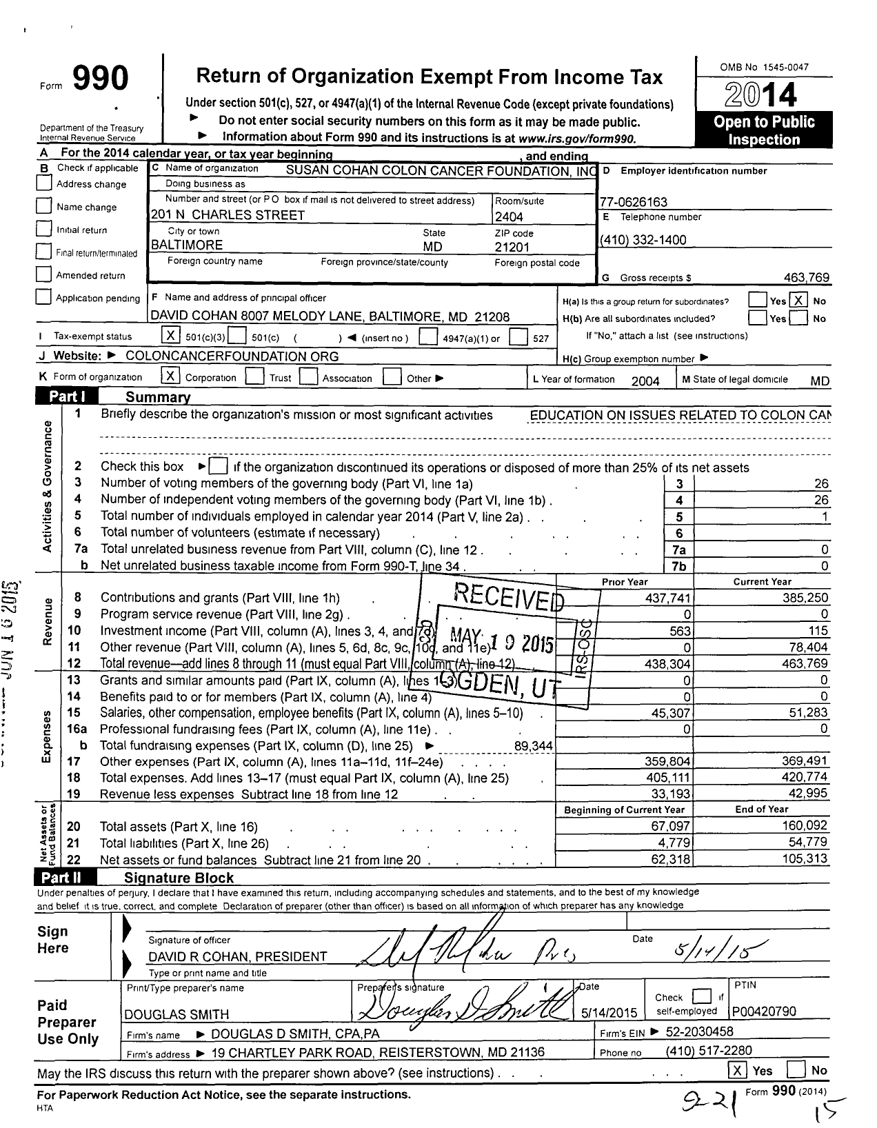 Image of first page of 2014 Form 990 for Susan Cohan Colon Cancer Foundation