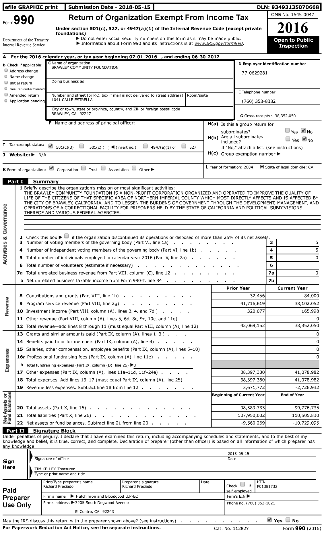 Image of first page of 2016 Form 990 for Brawley Community Foundation