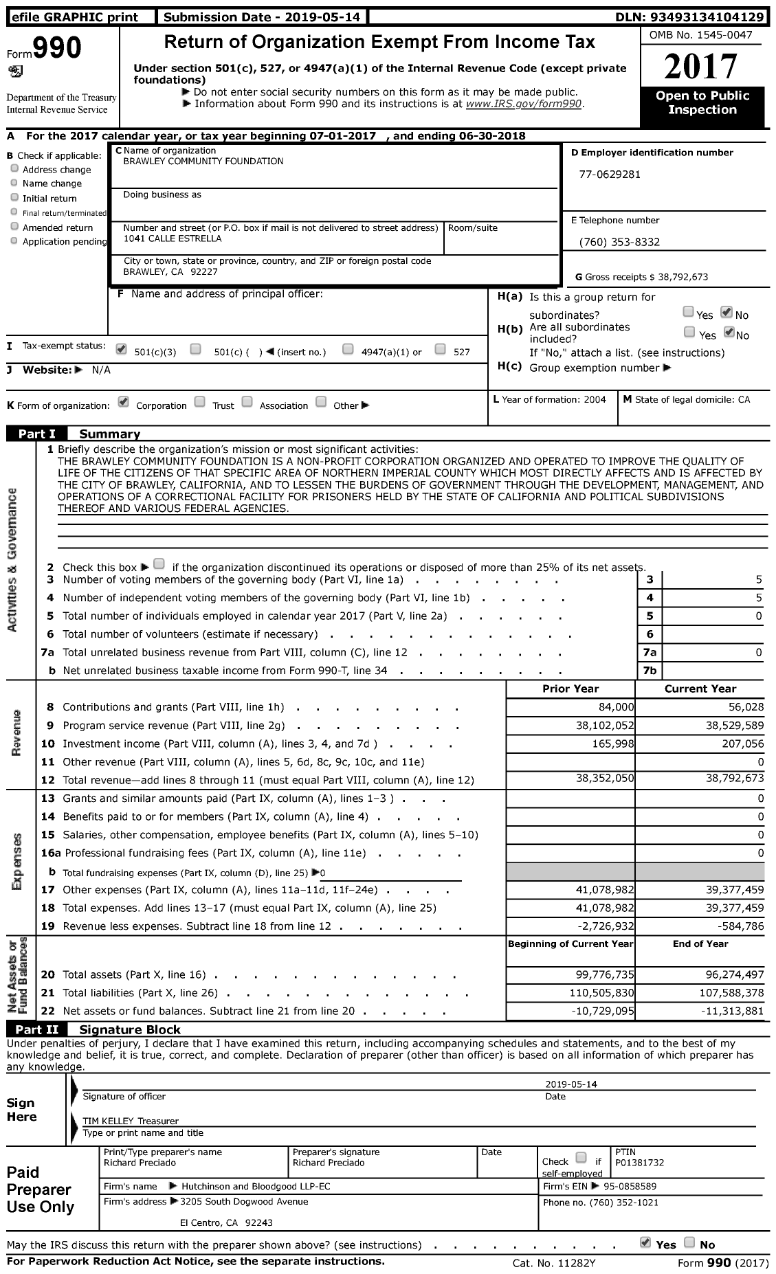 Image of first page of 2017 Form 990 for Brawley Community Foundation